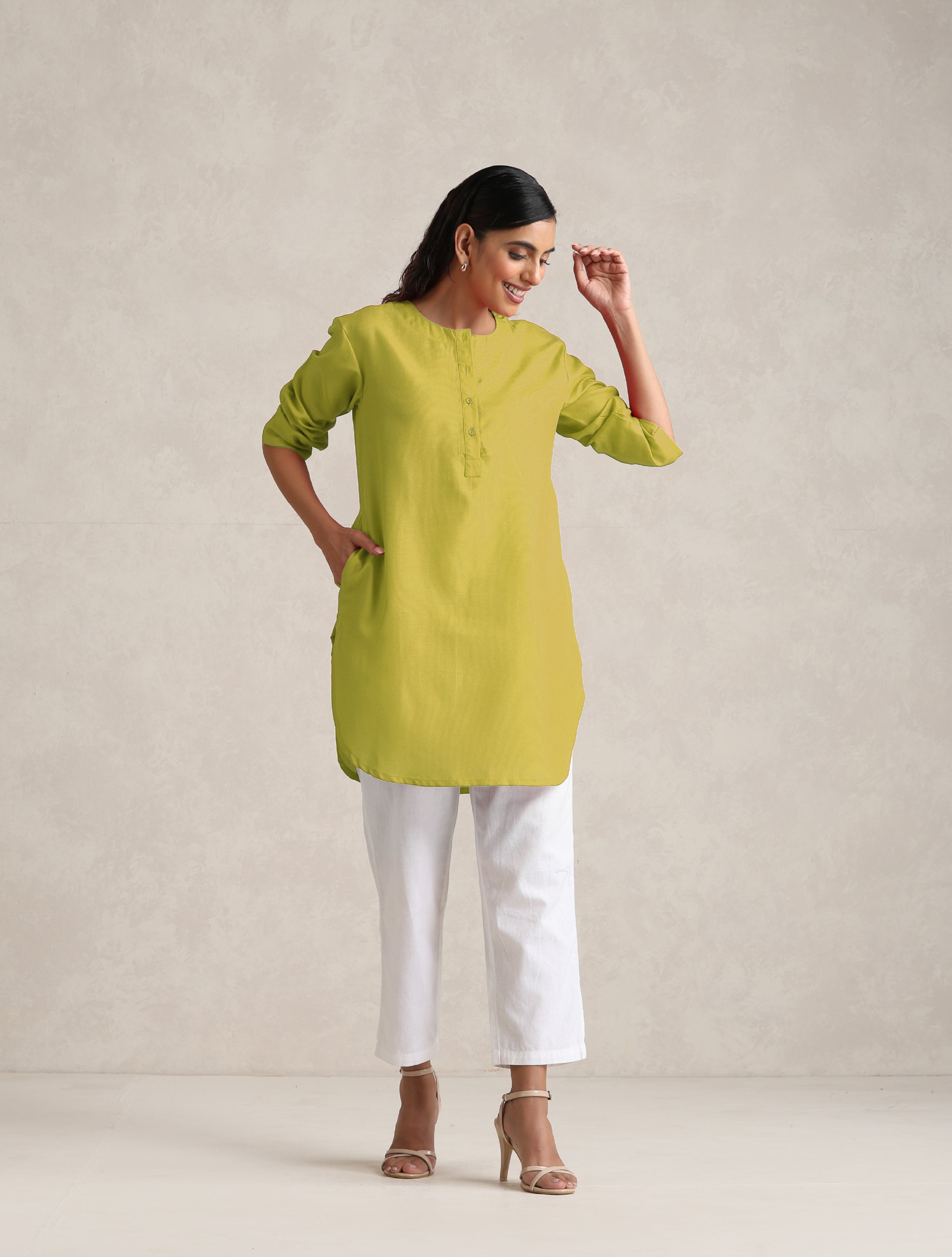 trueBrowns Lime Cotton Blend Short Kurta