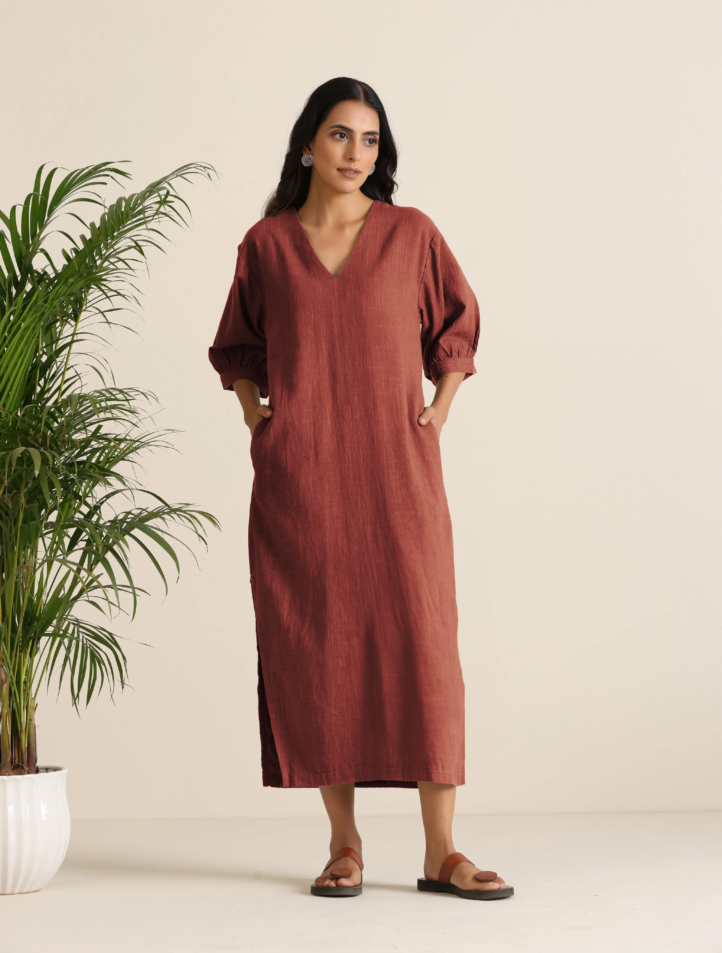 trueBrowns Rust Pink Cotton Blend Long Dress