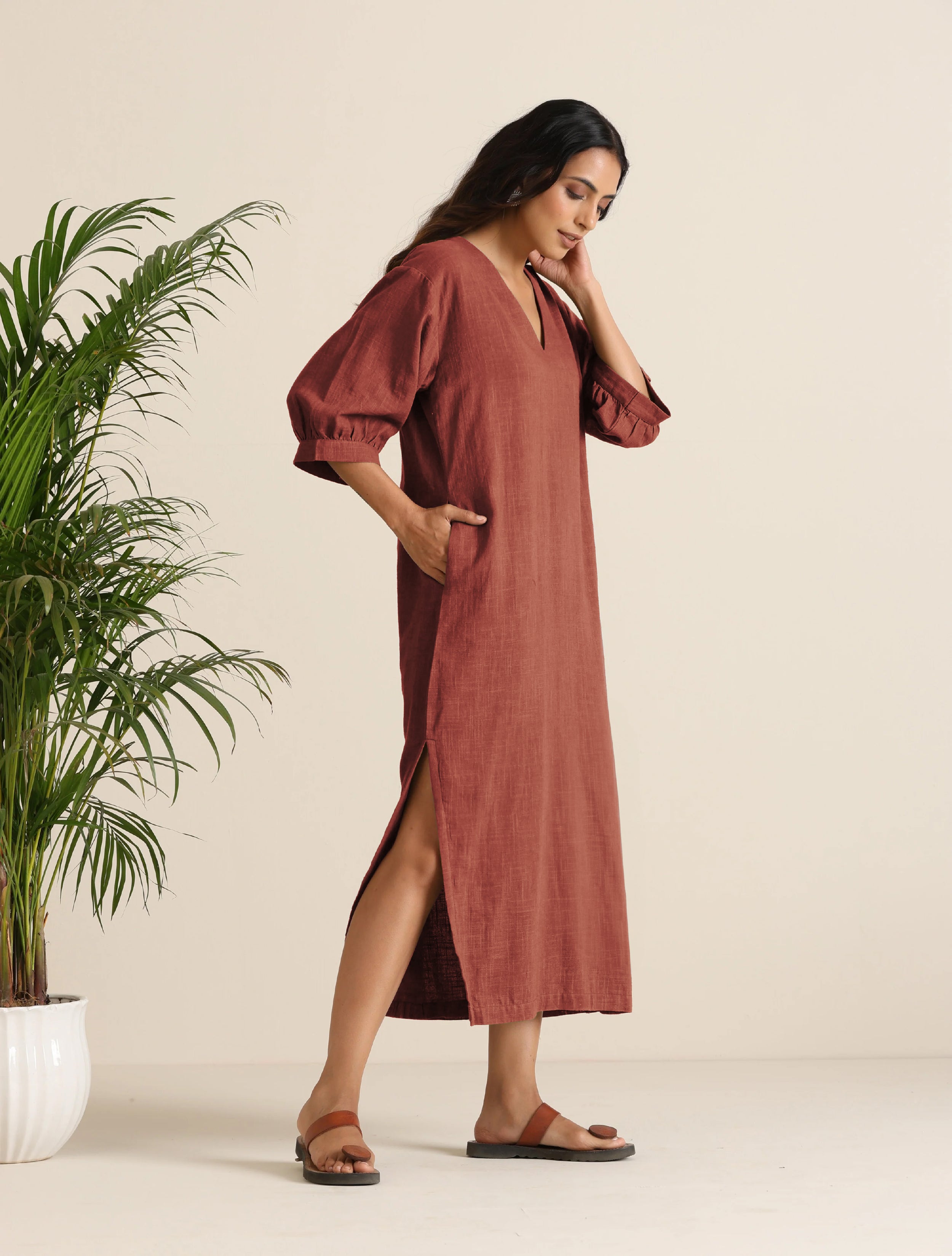 trueBrowns Rust Pink Cotton Blend Long Dress