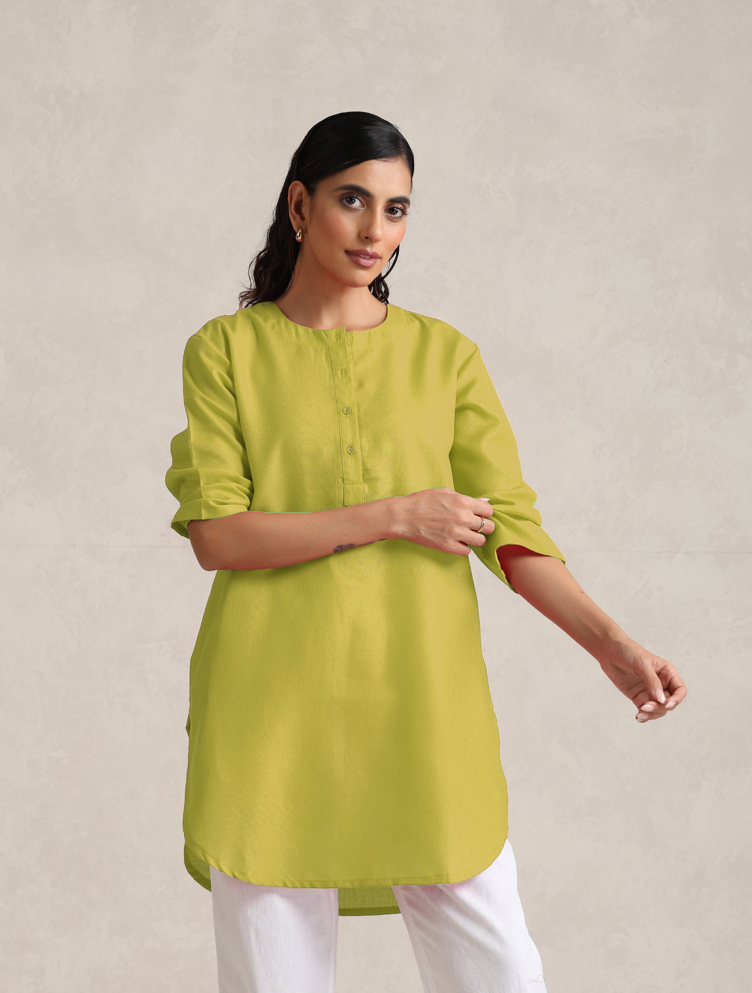 trueBrowns Lime Cotton Blend Short Kurta