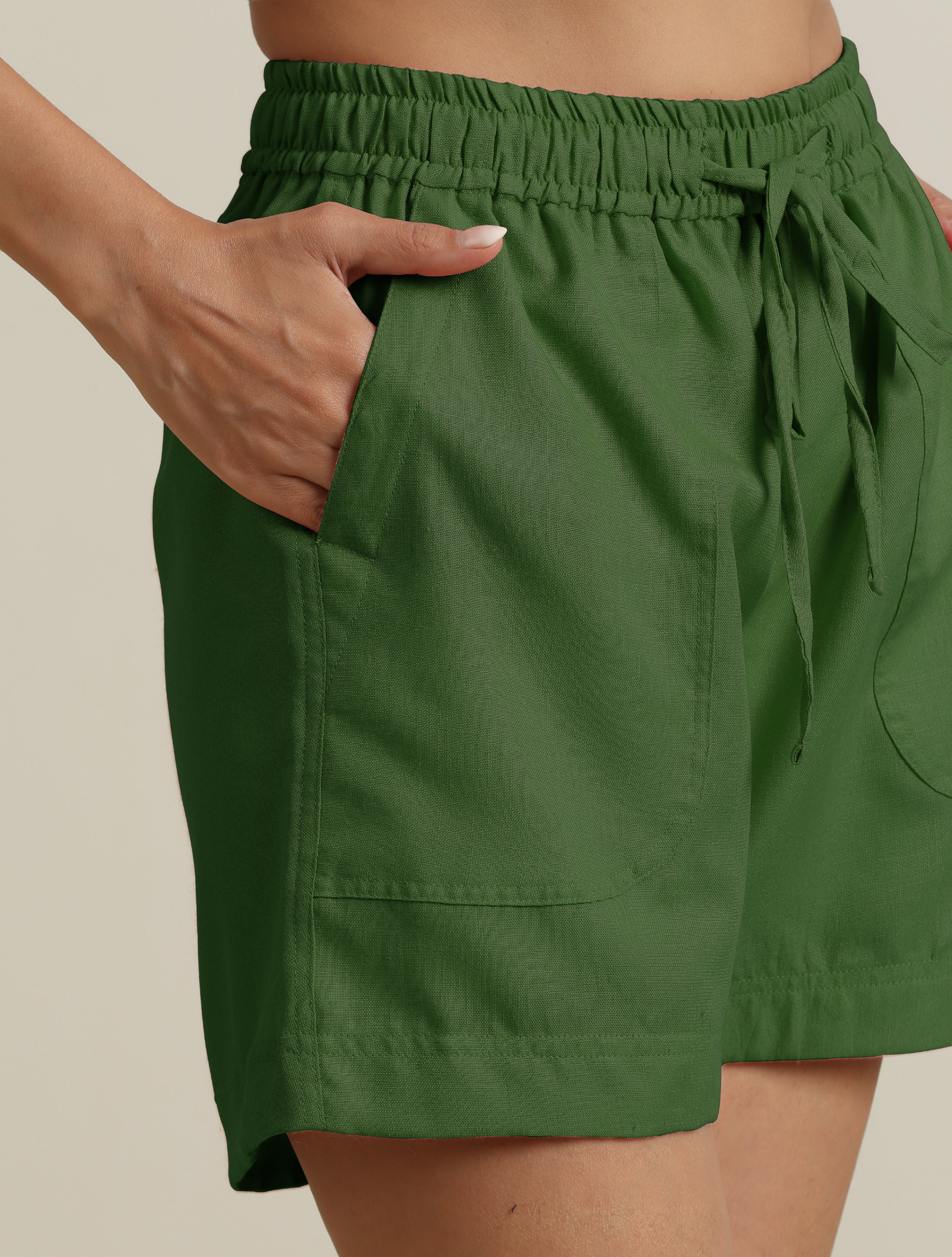 trueBrowns Green Cotton Blend Shorts With Drawstring