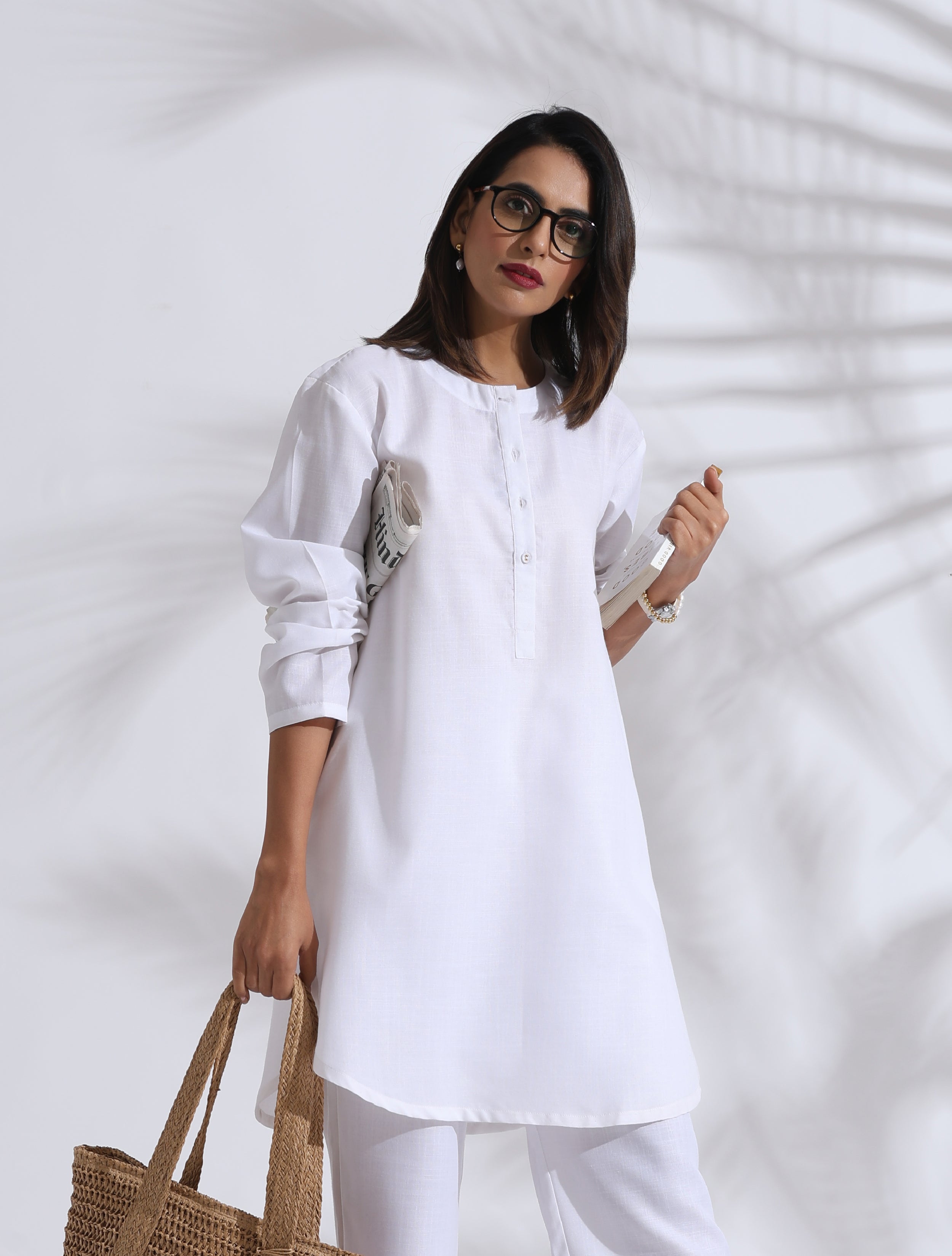 trueBrowns White Slub Kurta Co-ord Set