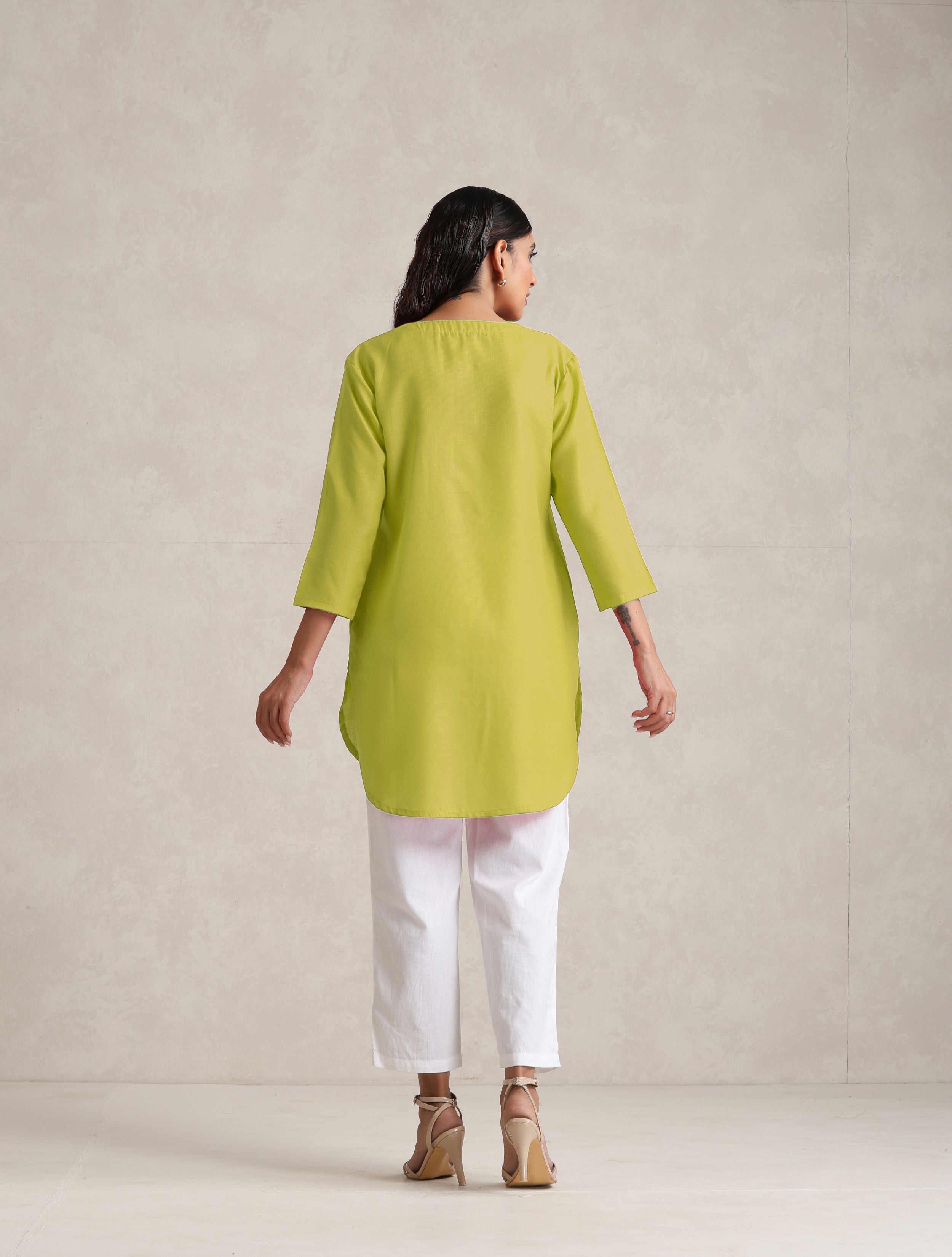 trueBrowns Lime Cotton Blend Short Kurta