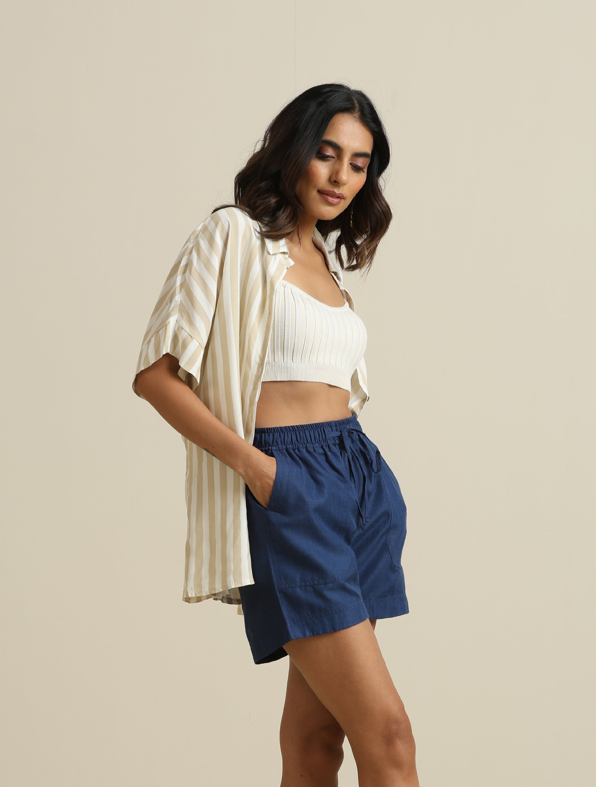 trueBrowns Dark Blue Cotton Blend Shorts With Drawstring