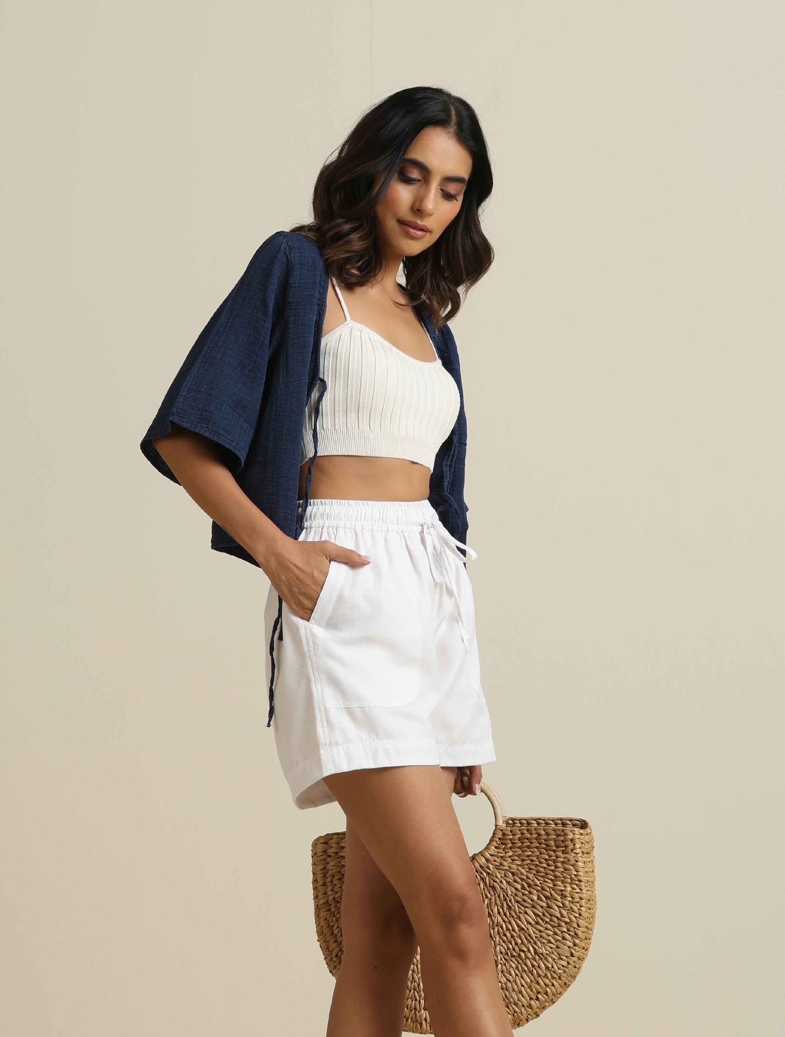 trueBrowns White Cotton Blend Shorts With Drawstring