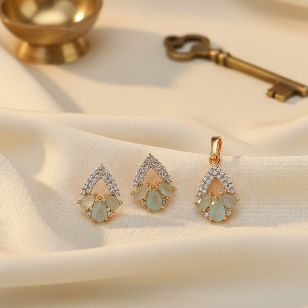 trueBrowns Green Pink Stone Pendant Set