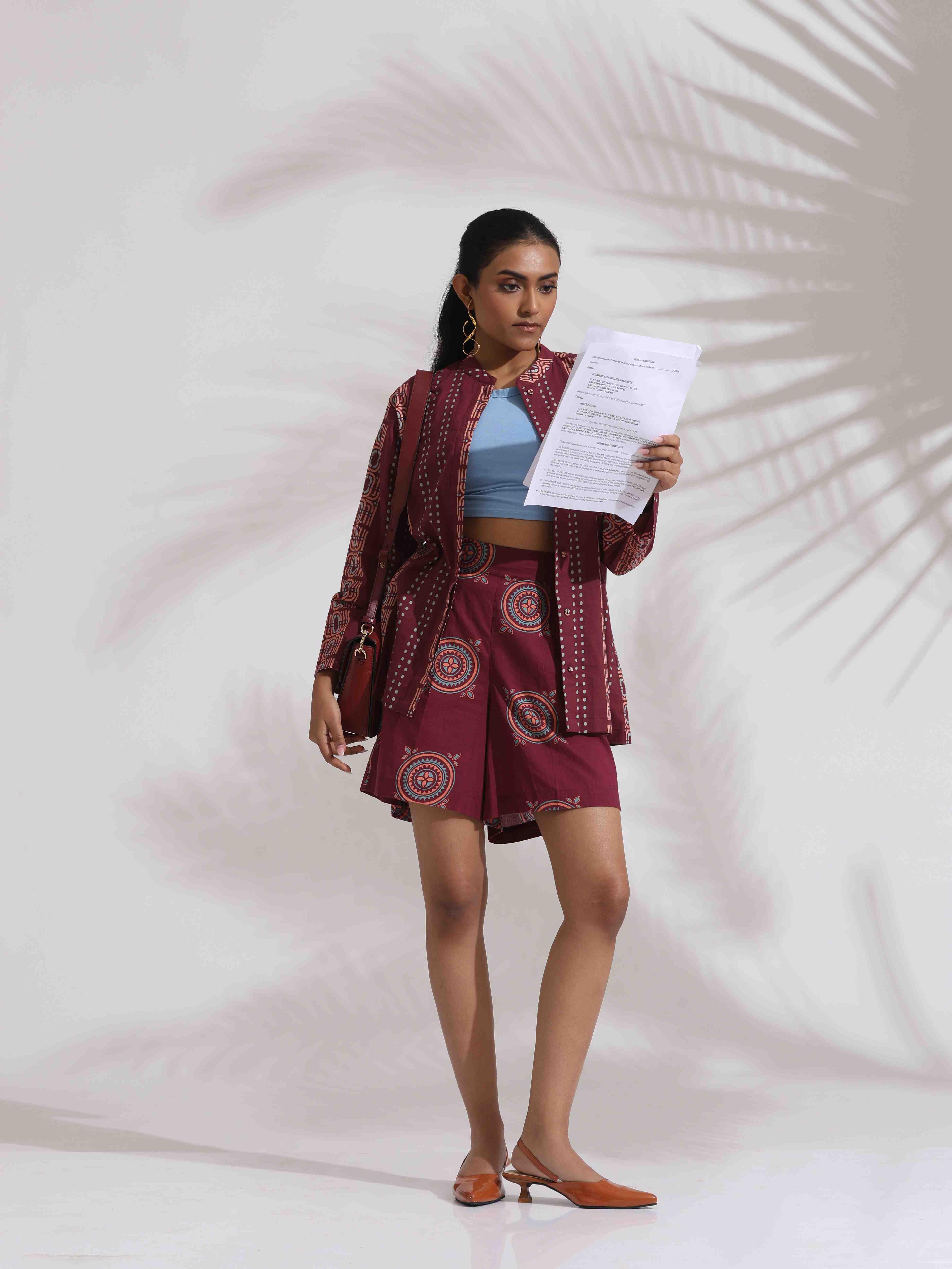 trueBrowns Purple Cotton Print Short Co-ord Set