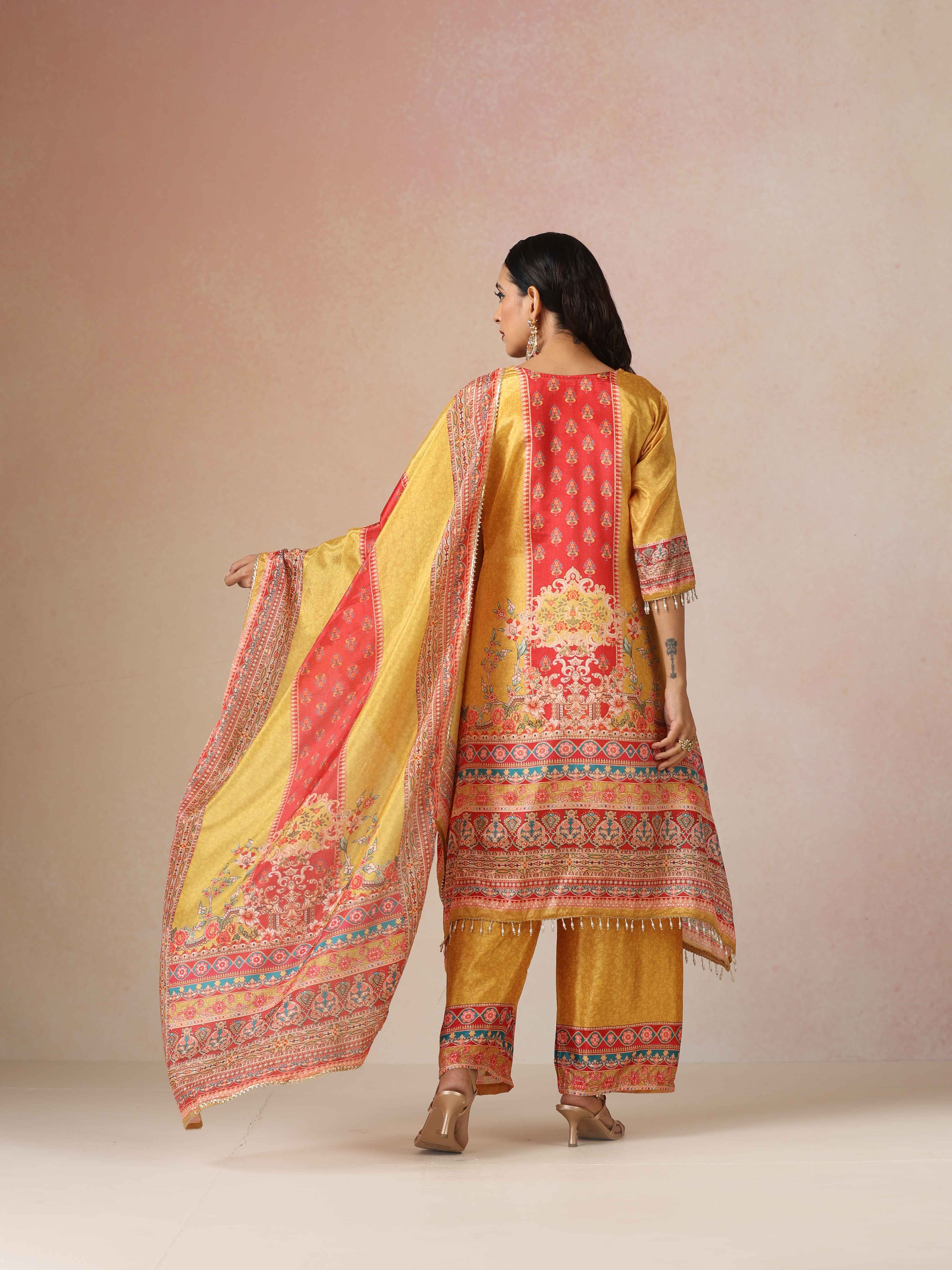 trueBrowns Yellow Print A-Line Kurta 3pc Set