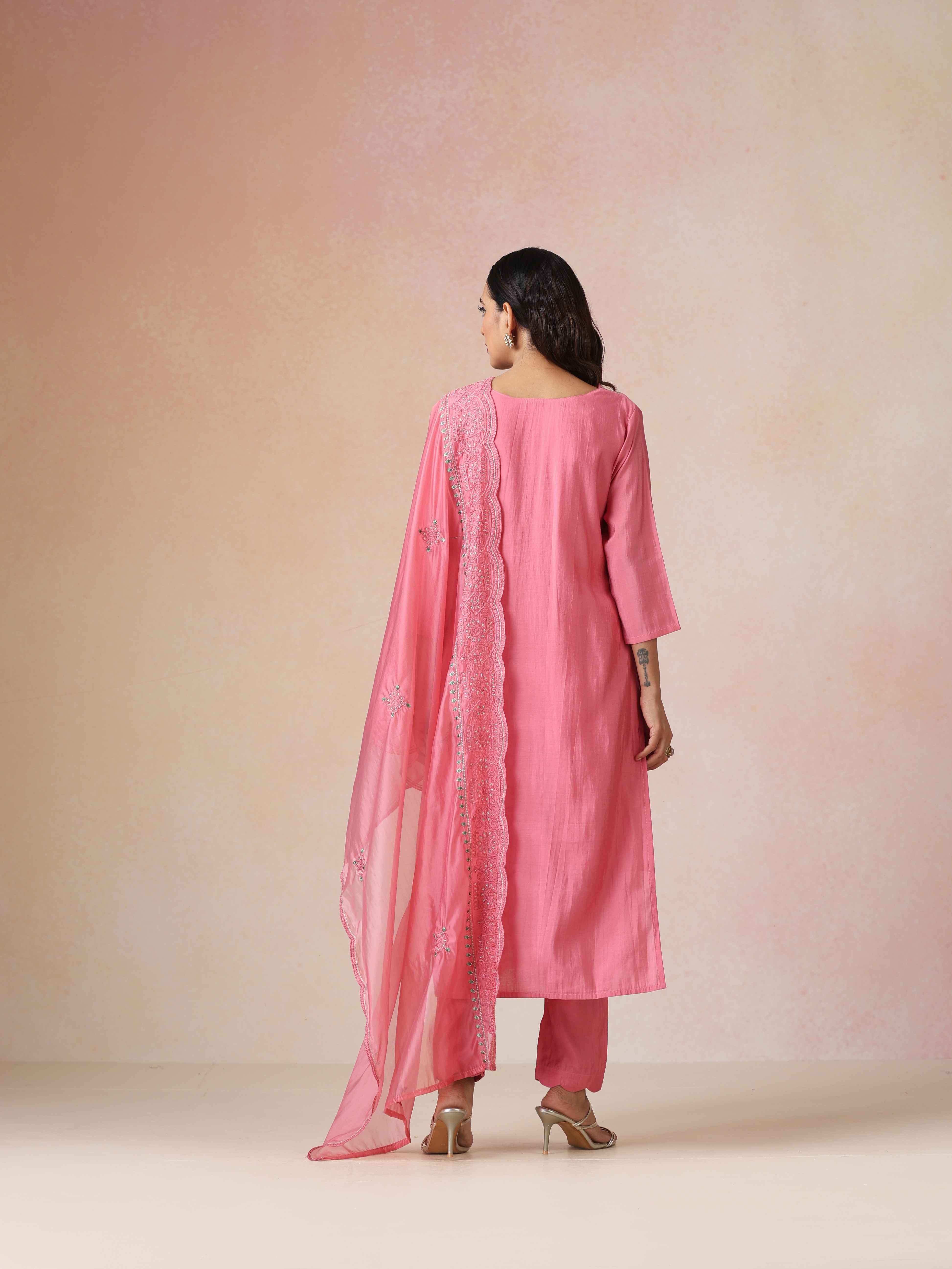trueBrowns Pink Embroidered Kurta Pant Dupatta Set