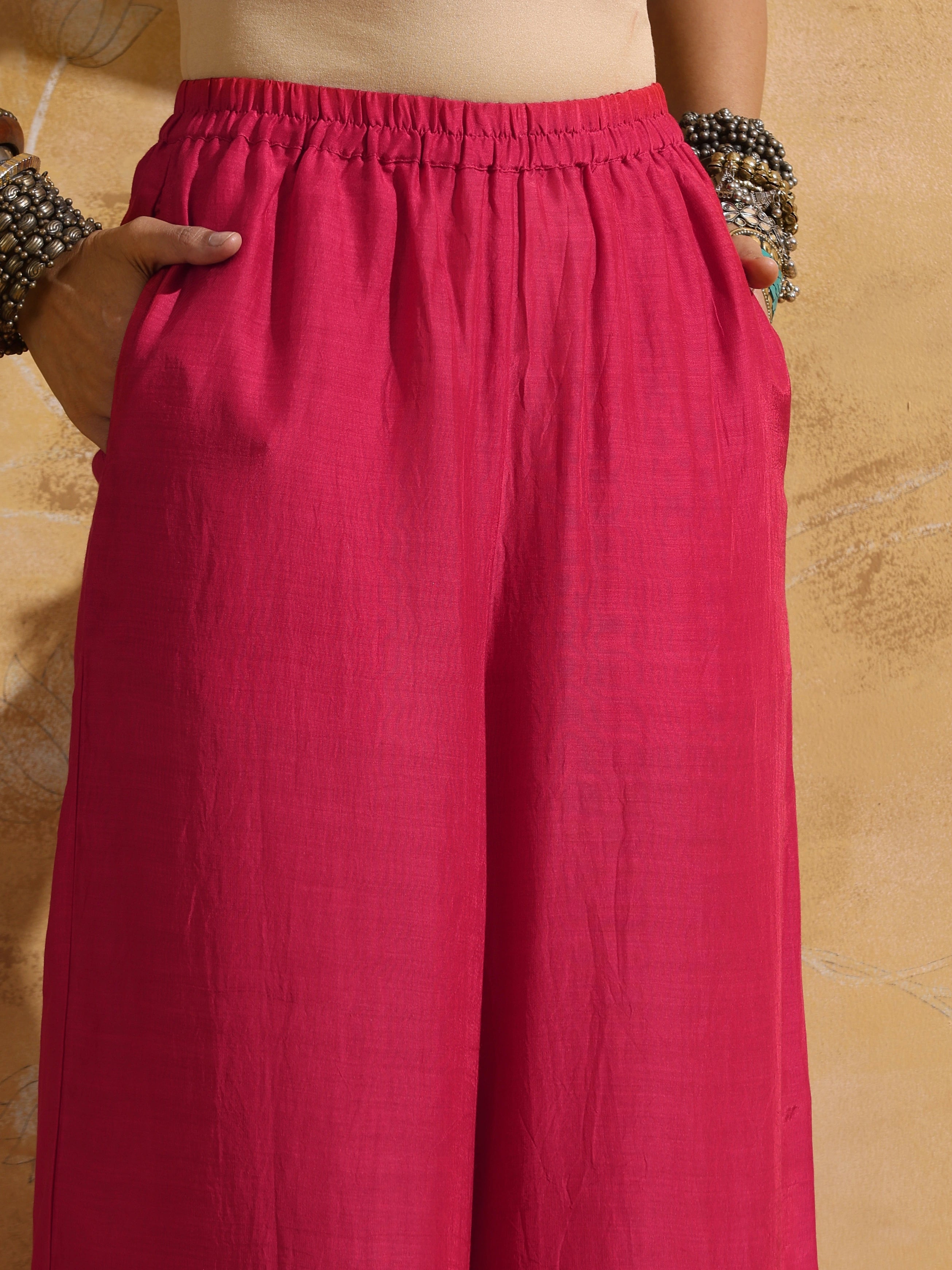 trueBrowns Pink Muslin Silk Co-ord Set with Flared Pants