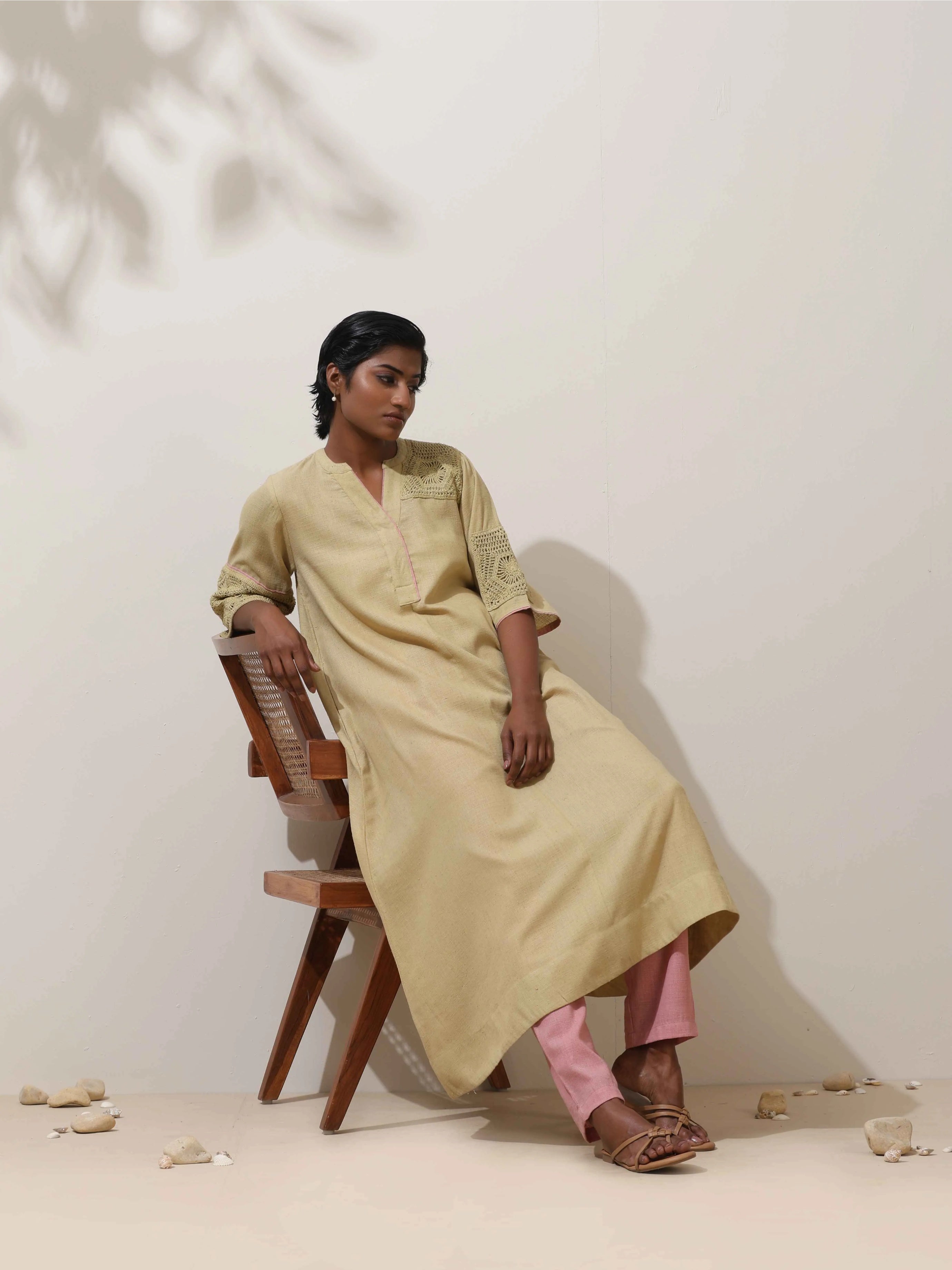 trueBrowns Souk Yellow Crochet Natural Cotton Kurta Pant Set