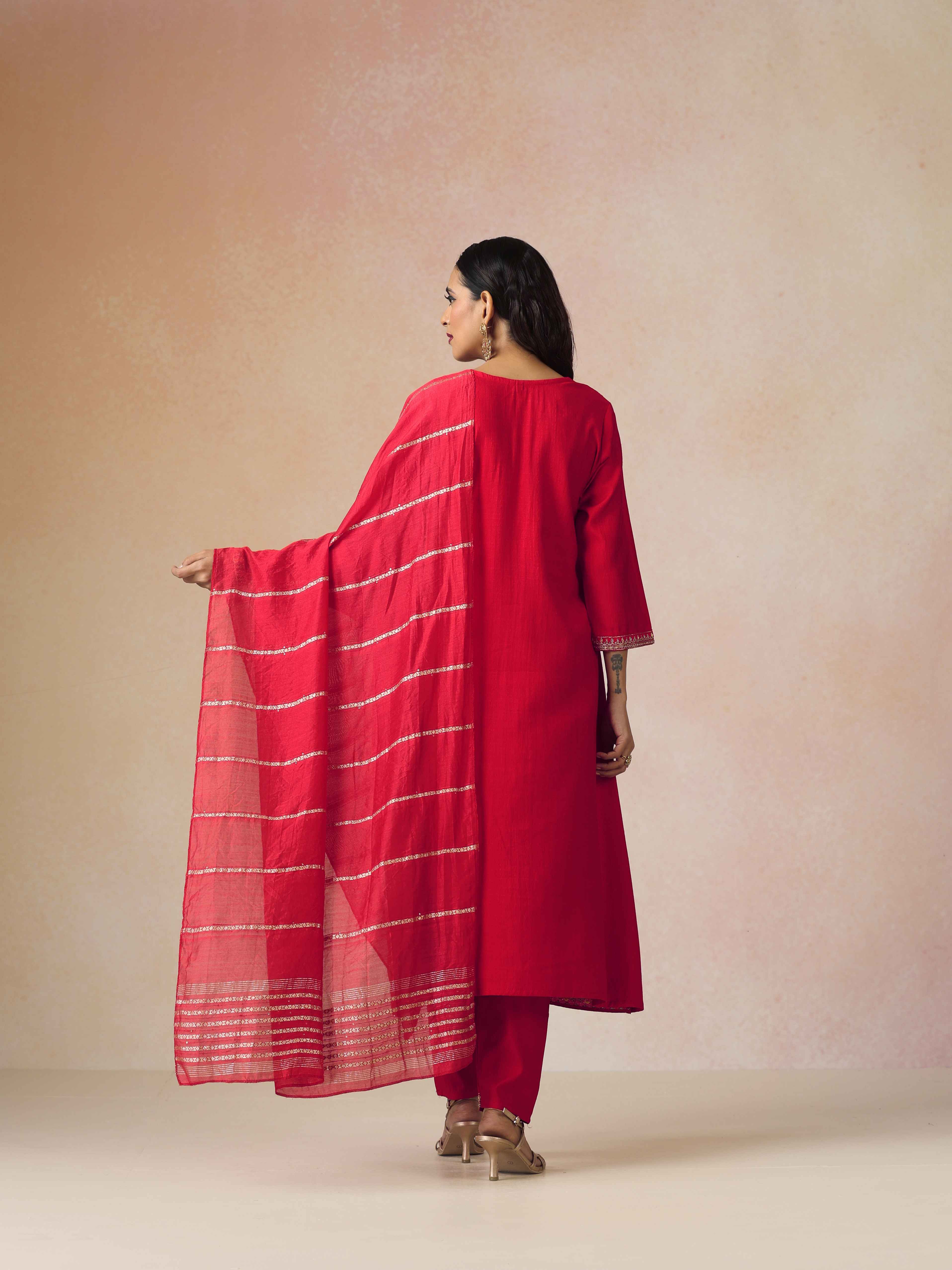 trueBrowns Red Embroidered A-line Kurta 3pc Set