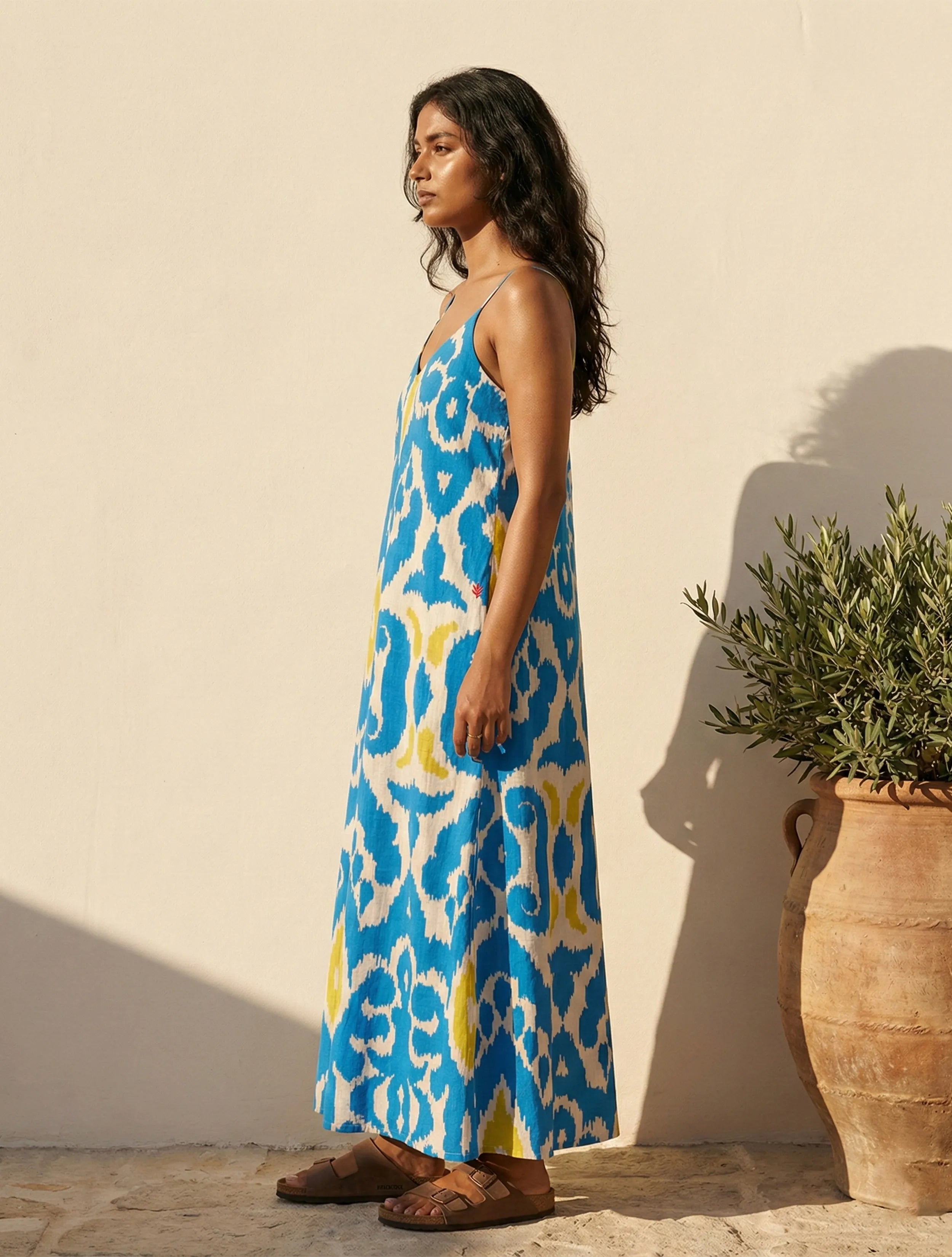 trueBrowns Blue Ikat Print Cotton Mull Strappy Maxi Dress