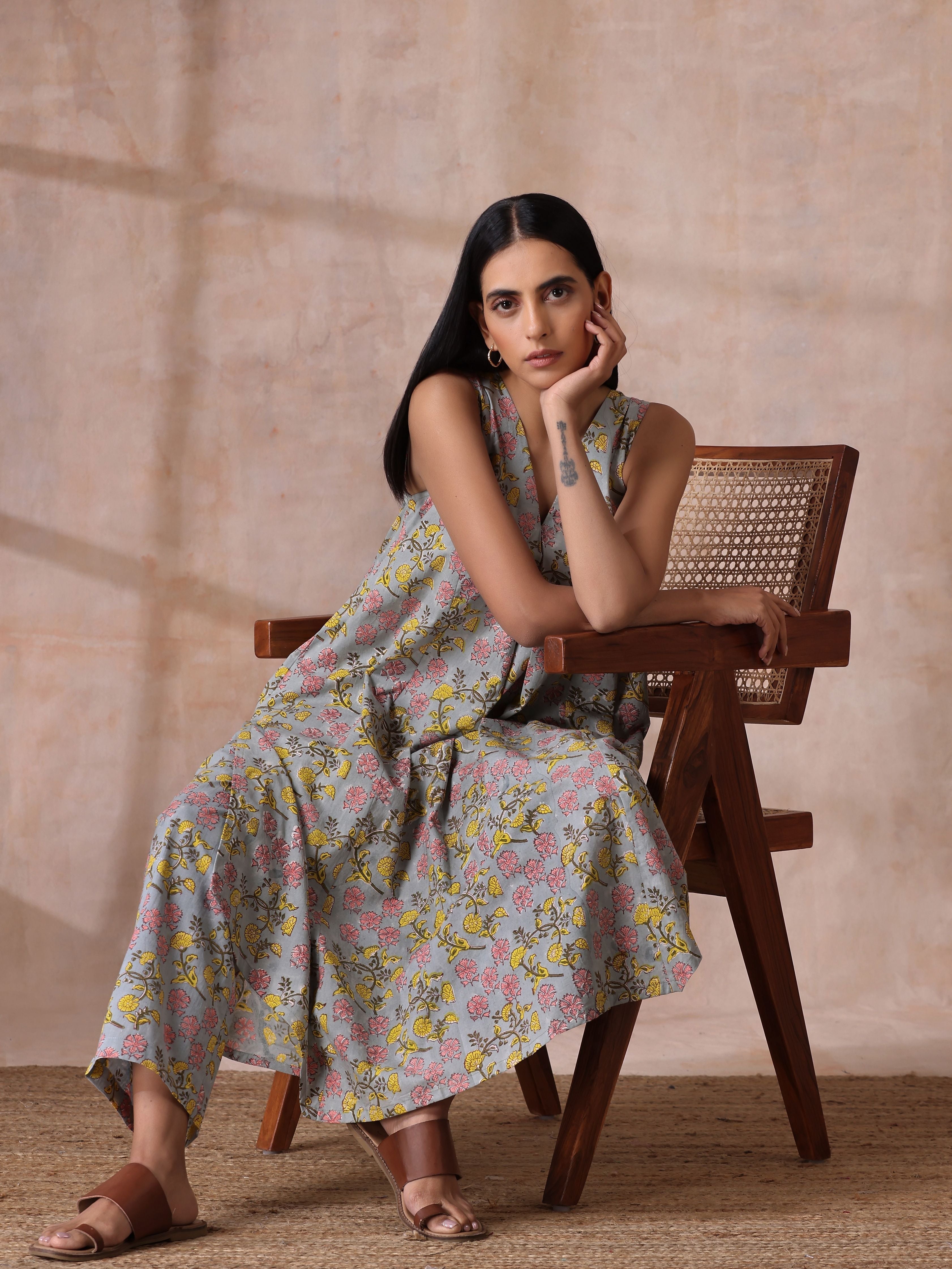 Grey Overall Floral Block Print Cotton Sleeveless Flared Kurta Pant Set
