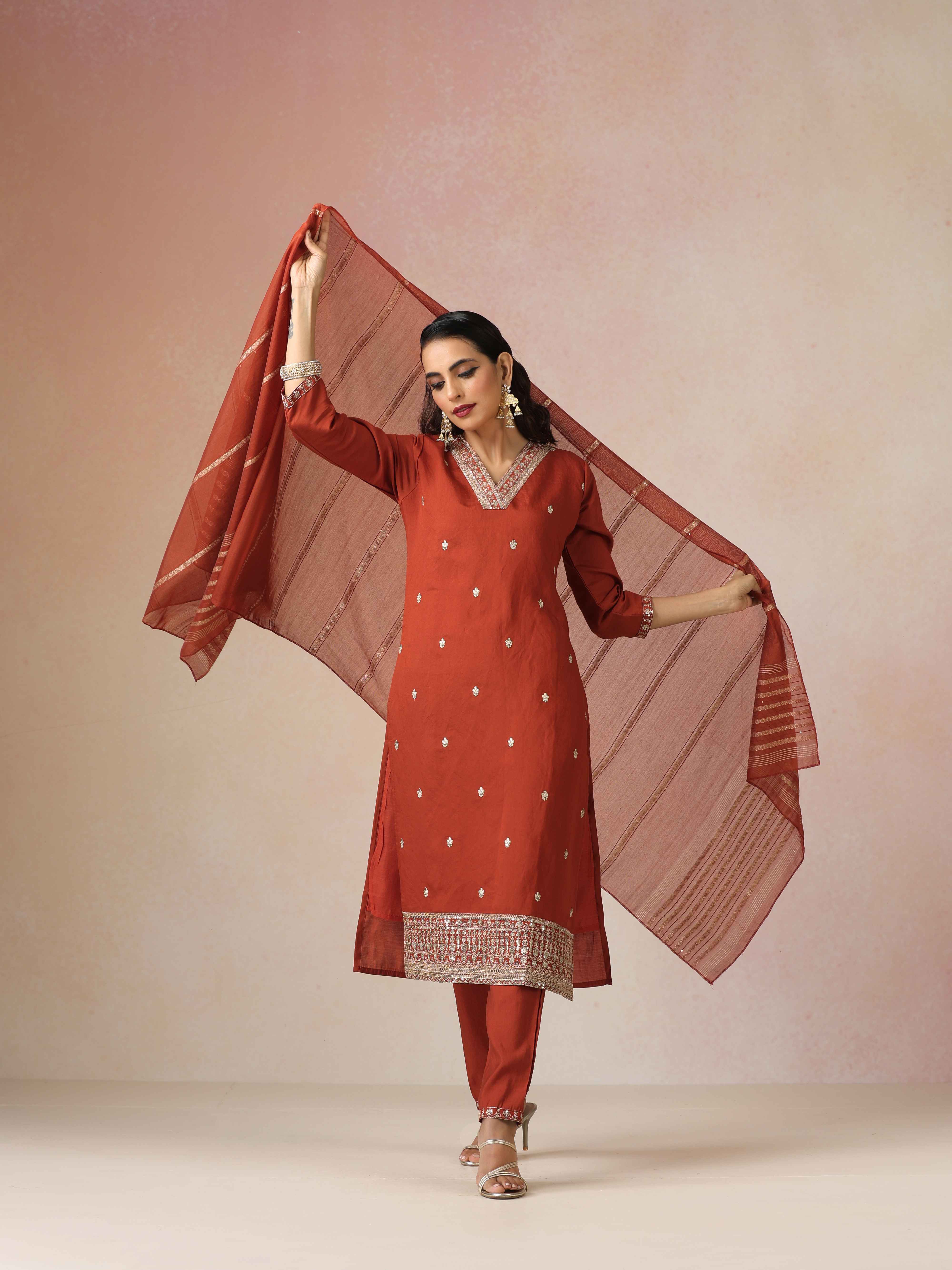 trueBrowns Rust Zari Embroidered Straight Kurta 3pc Set