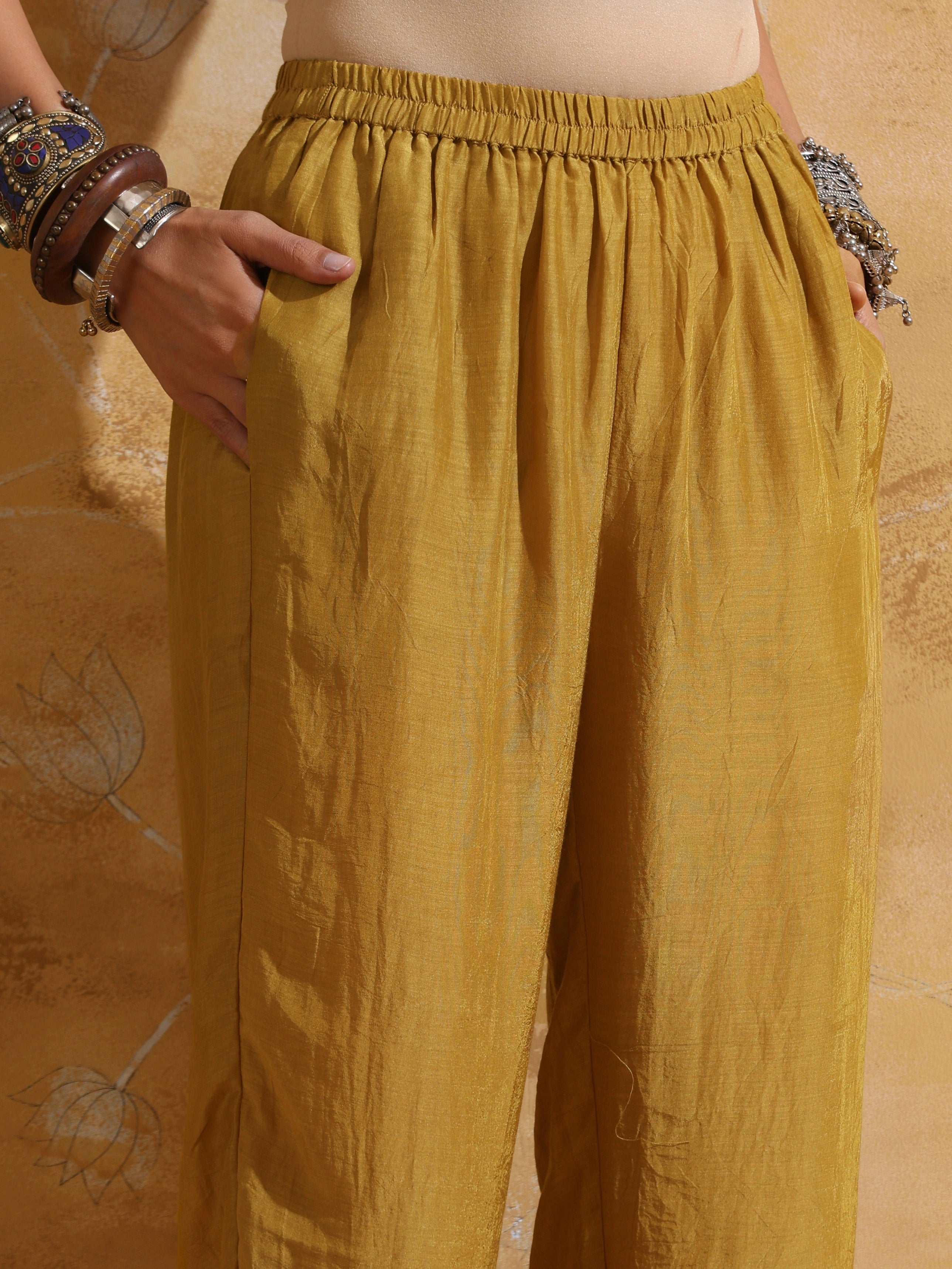 trueBrowns Mint Mustard Jaal Print Muslin Silk Co-ord Set