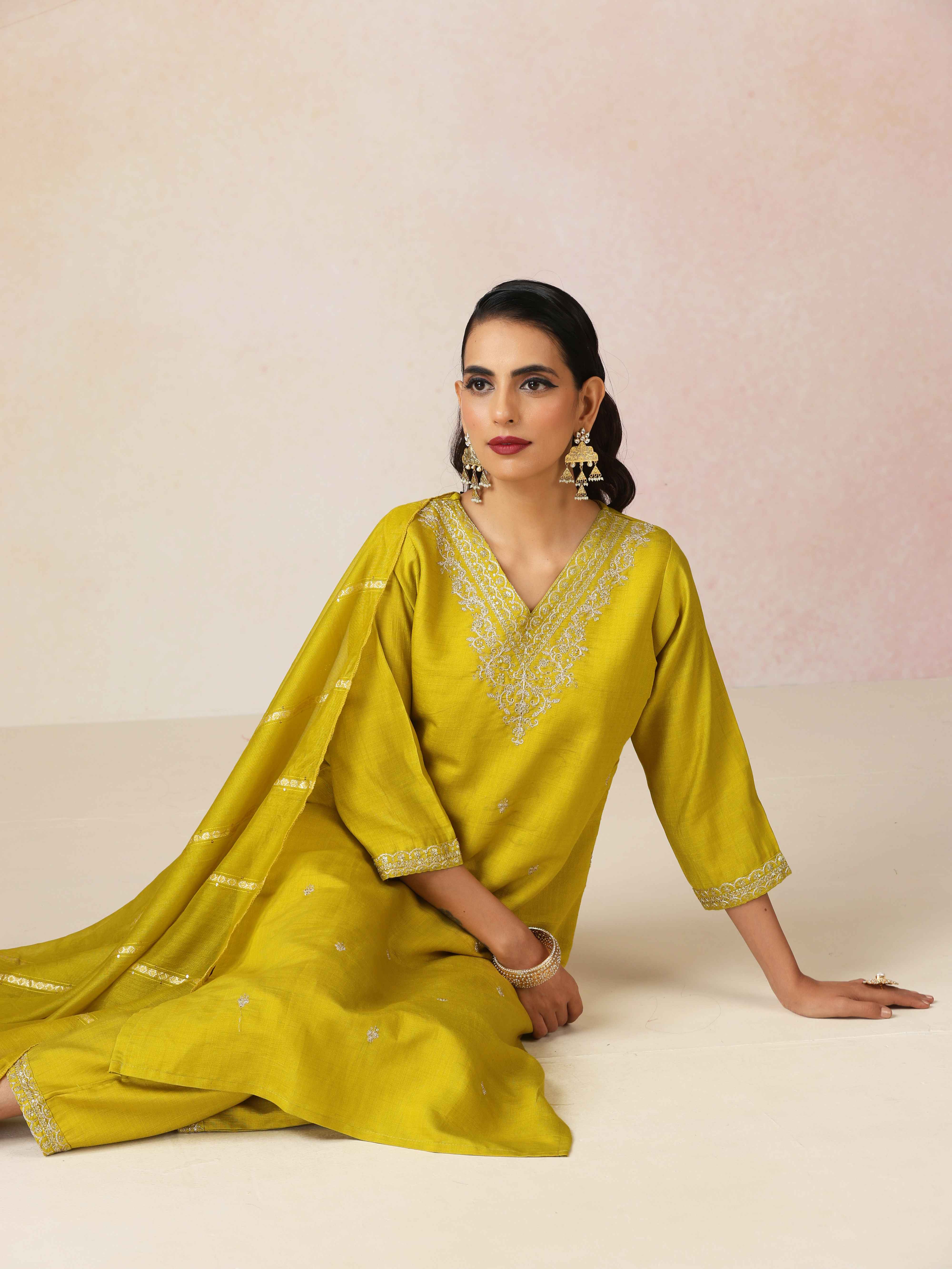 trueBrowns Lime All Over Embroidered Straight Kurta 3pc Set