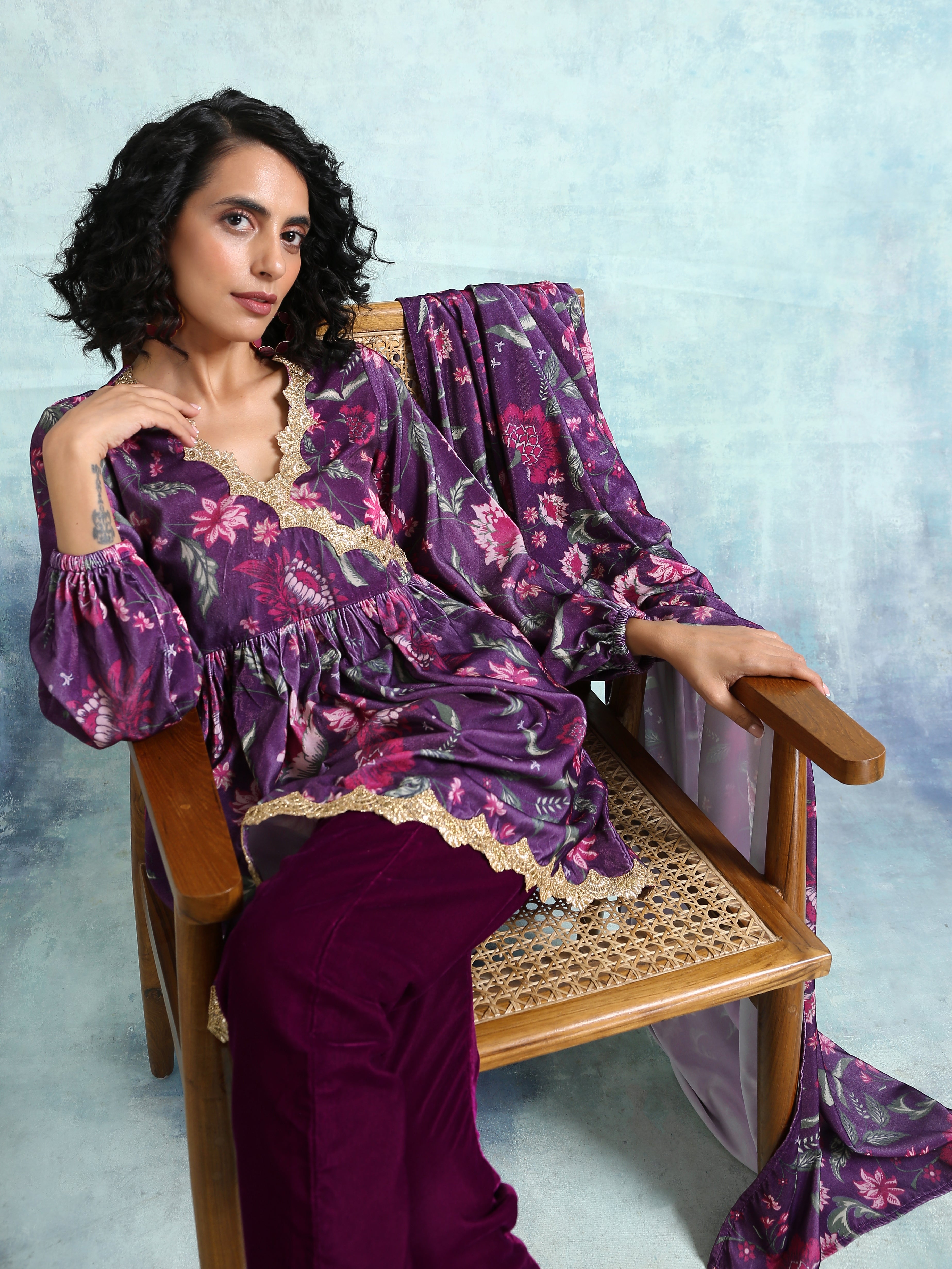 Wine Printed Velvet Lace Co-Ord Set
