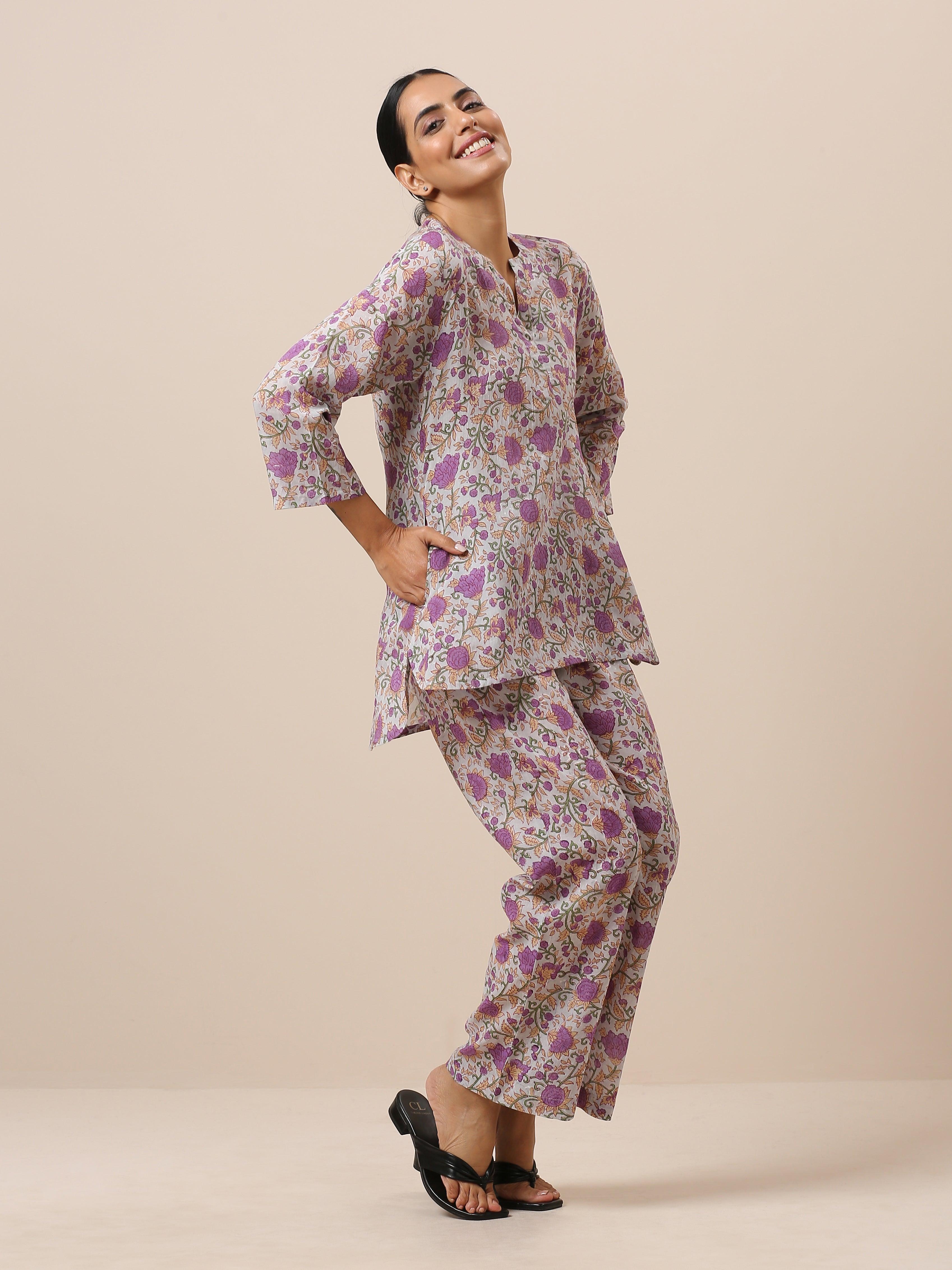Cotton Hand Block Printed Purple Co-Ord Set - trueBrowns