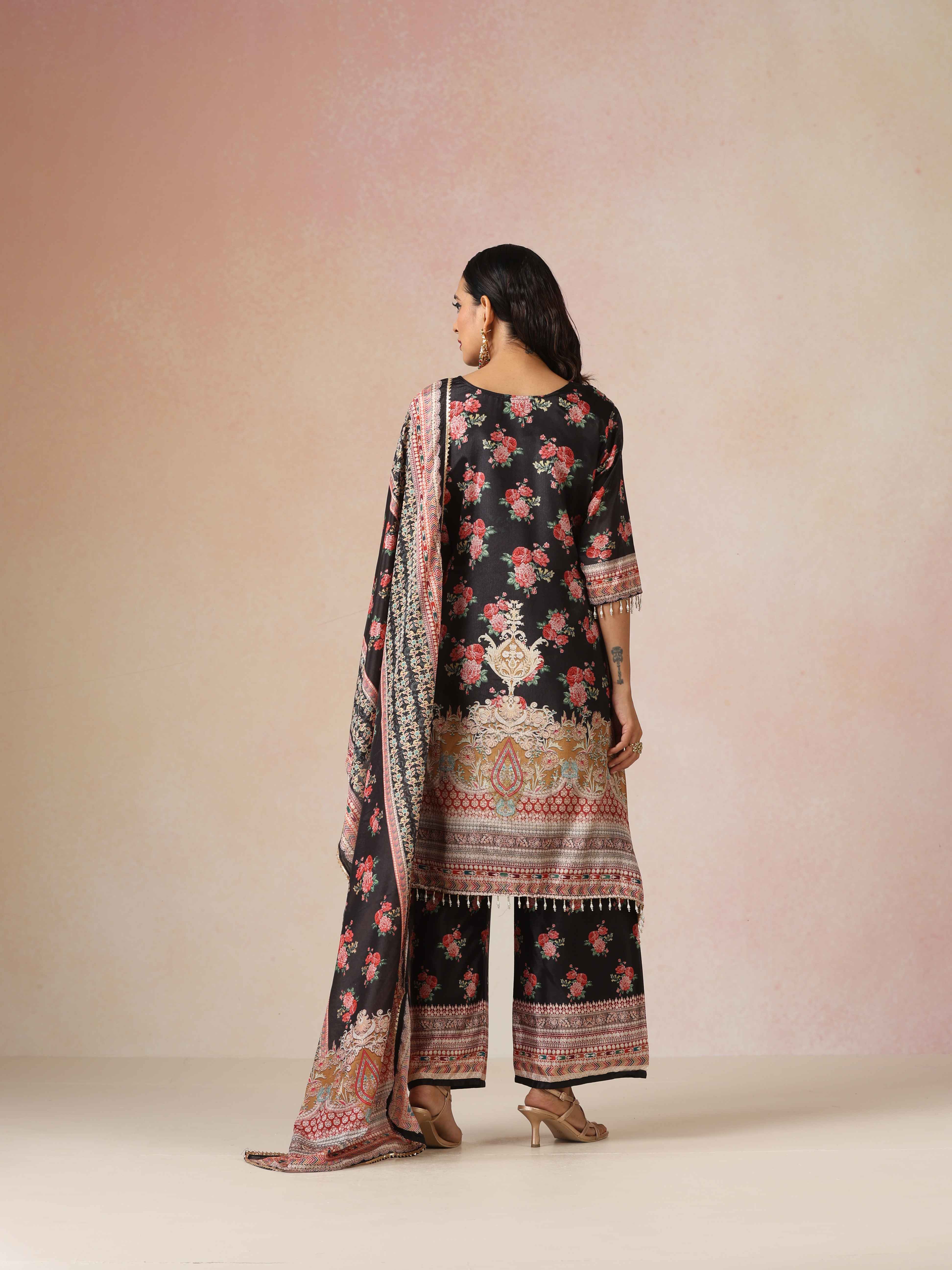 trueBrowns Black Print A-Line Kurta 3pc Set