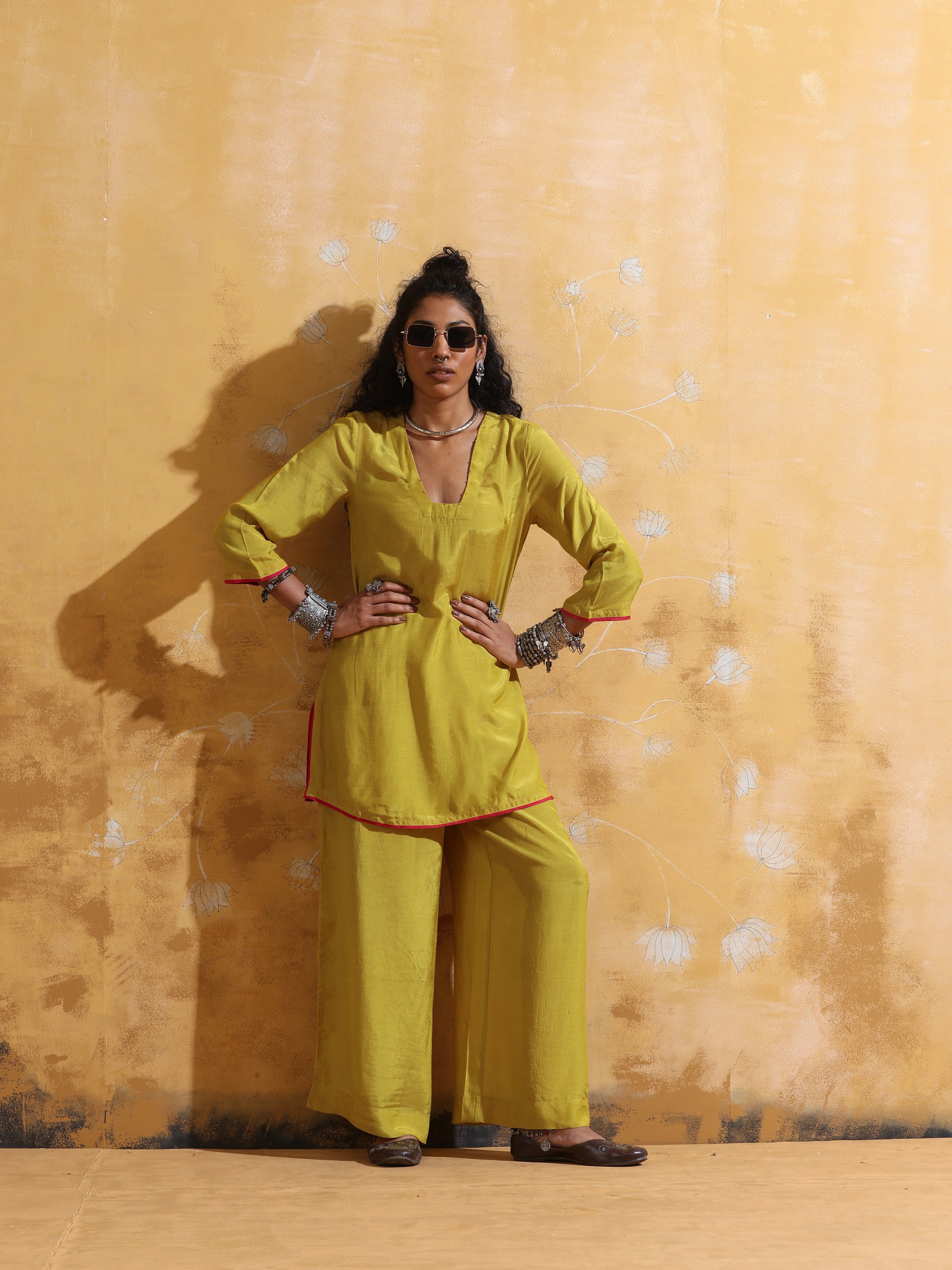 trueBrowns Lime Muslin Silk Co-ord Set with Flared Pants