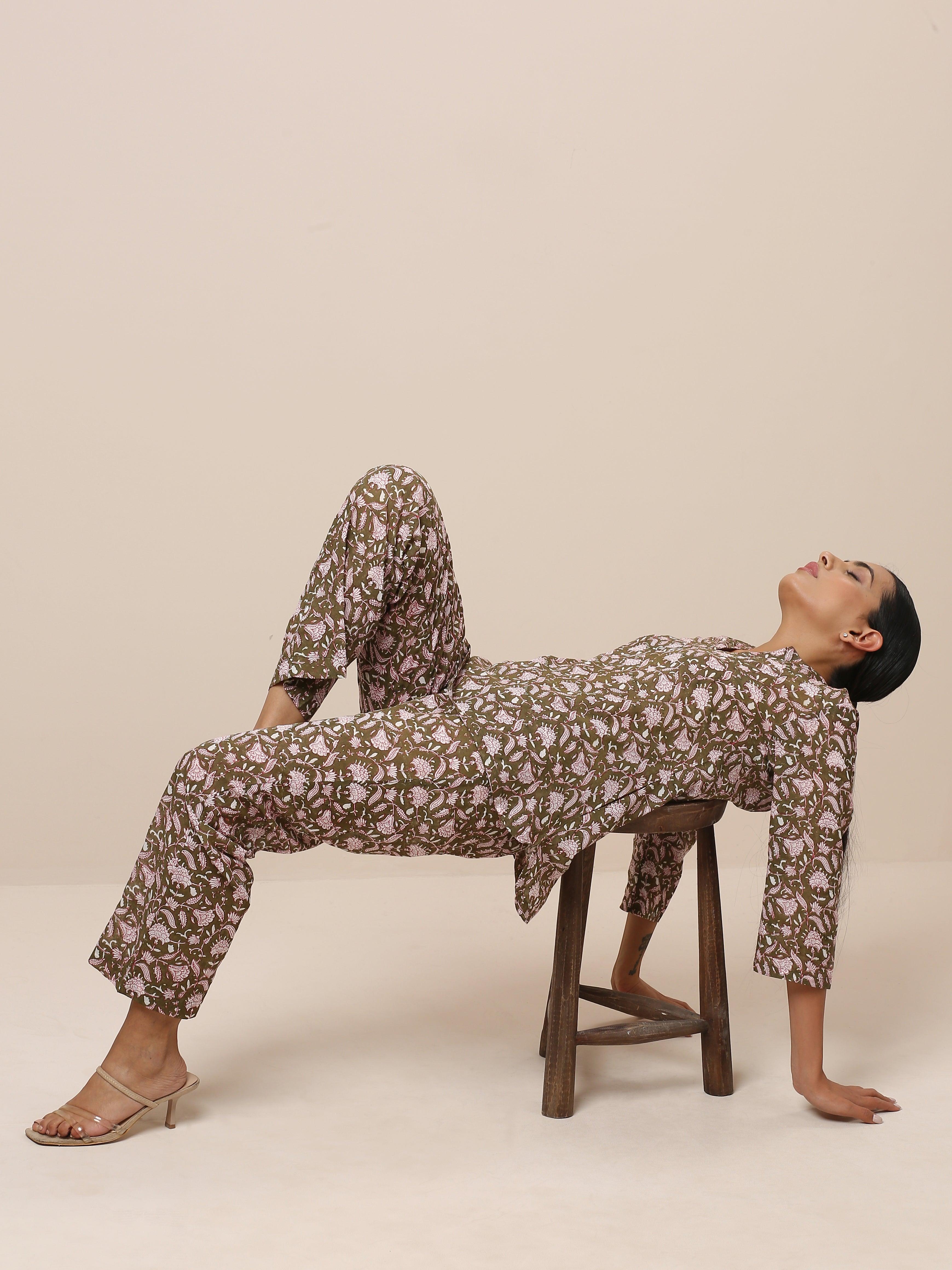 Cotton Hand Block Printed Olive Green Co-Ord Set - trueBrowns