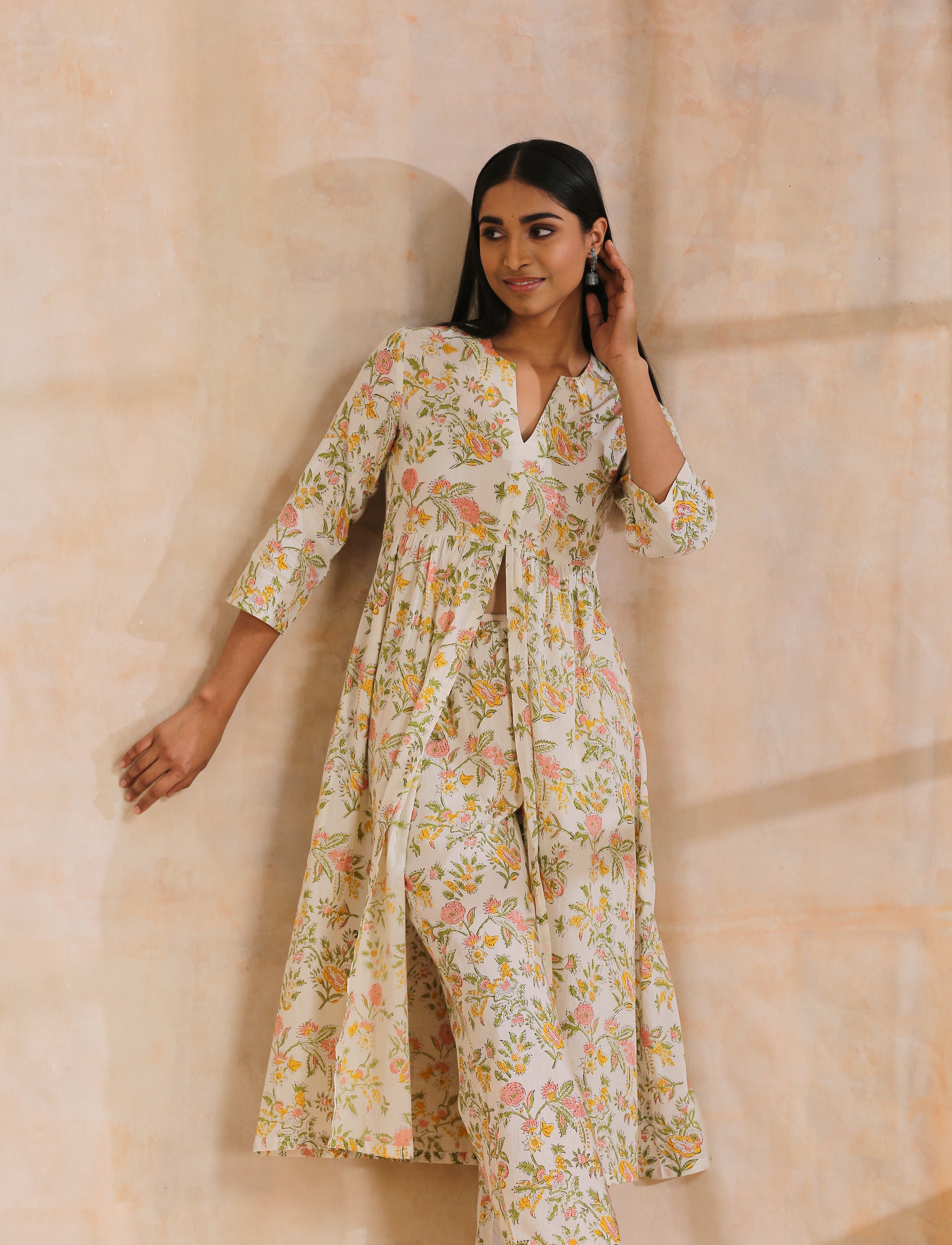 White Multi Color Overall Block Print Cotton Kurta Pant Set