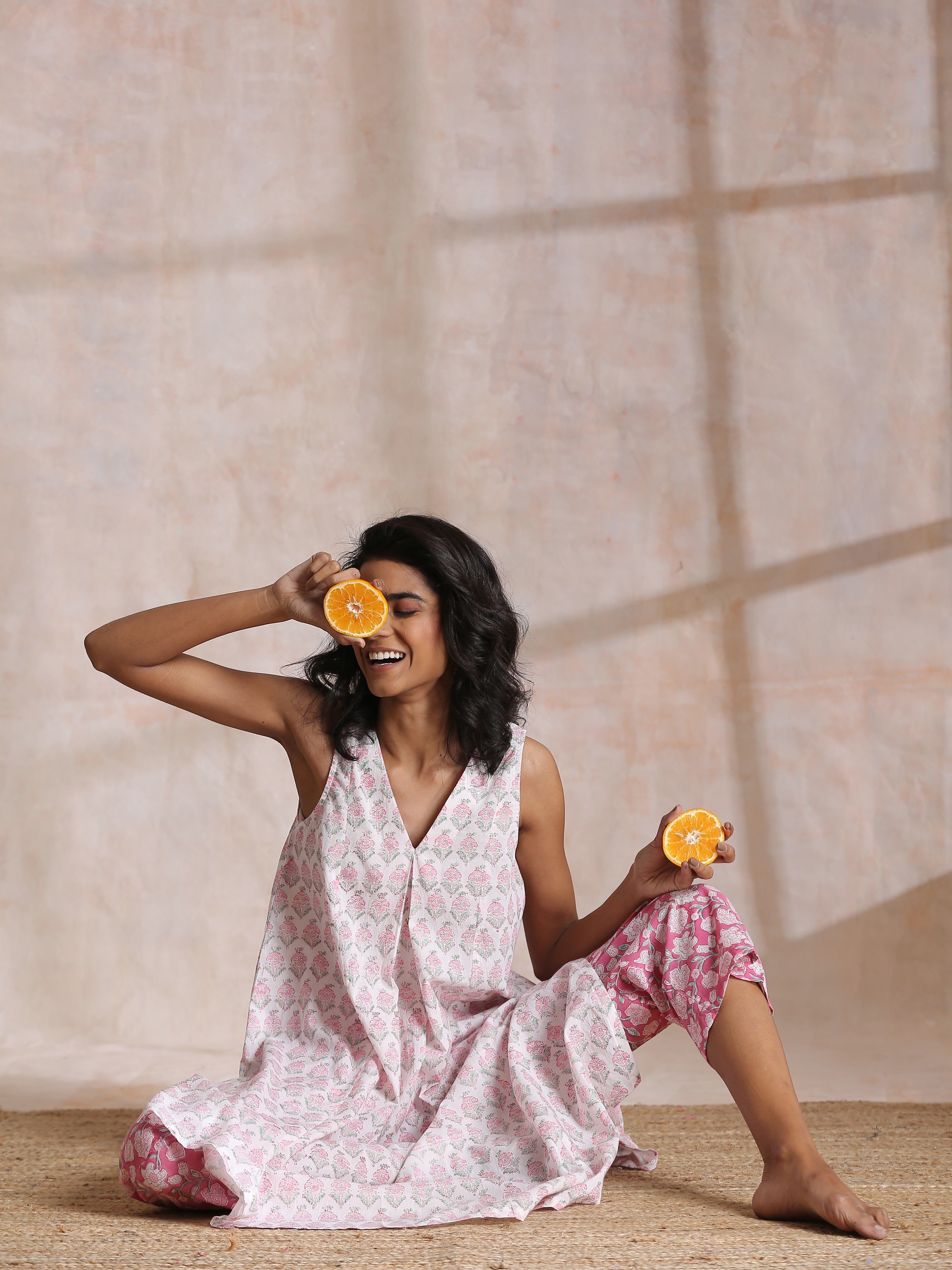 Pink Green Floral On White Block Print Cotton Sleeveless Flared Kurta Pant Set