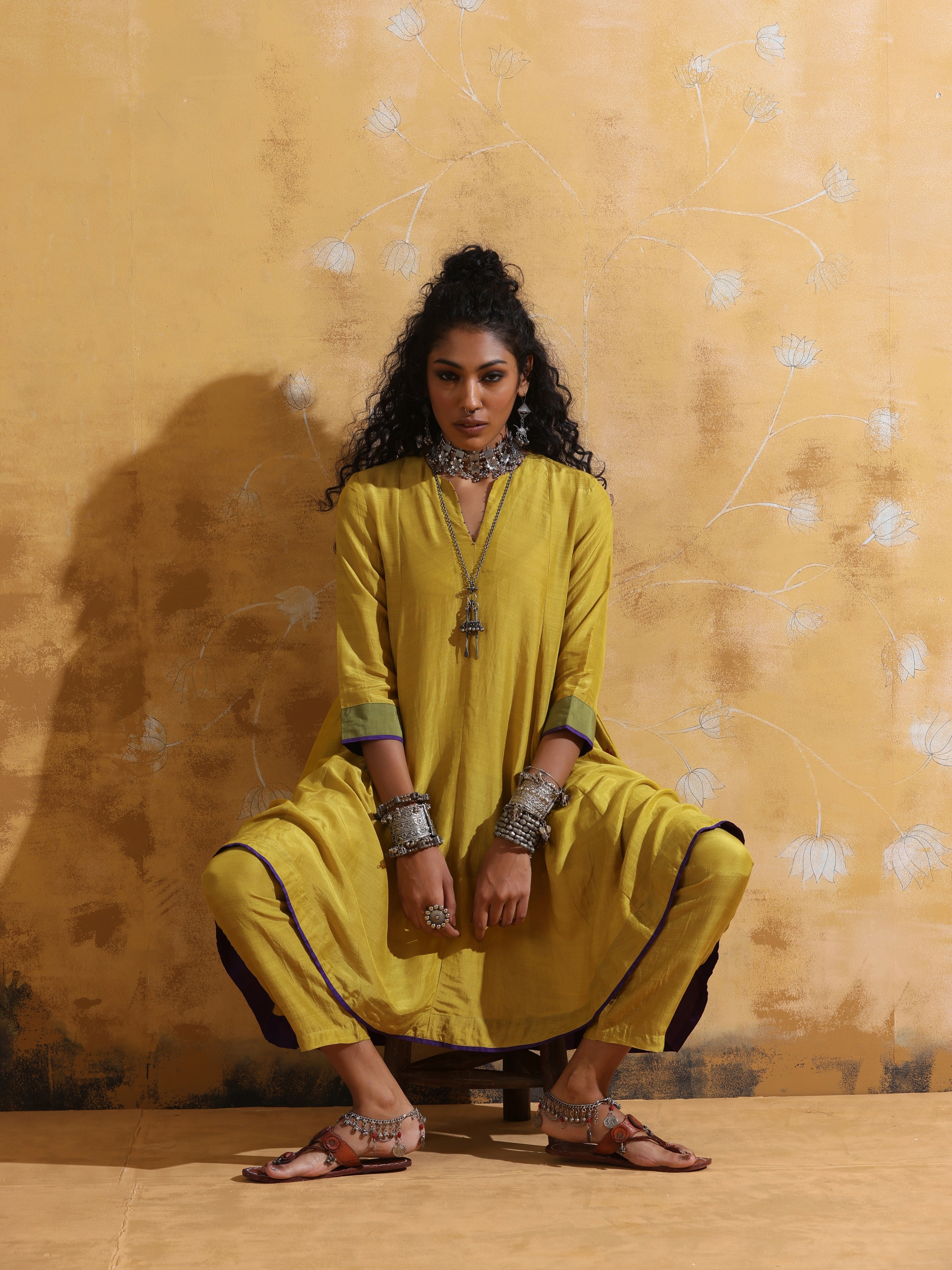 trueBrowns Lime Muslin Silk Flared Kurta Co-ord Set