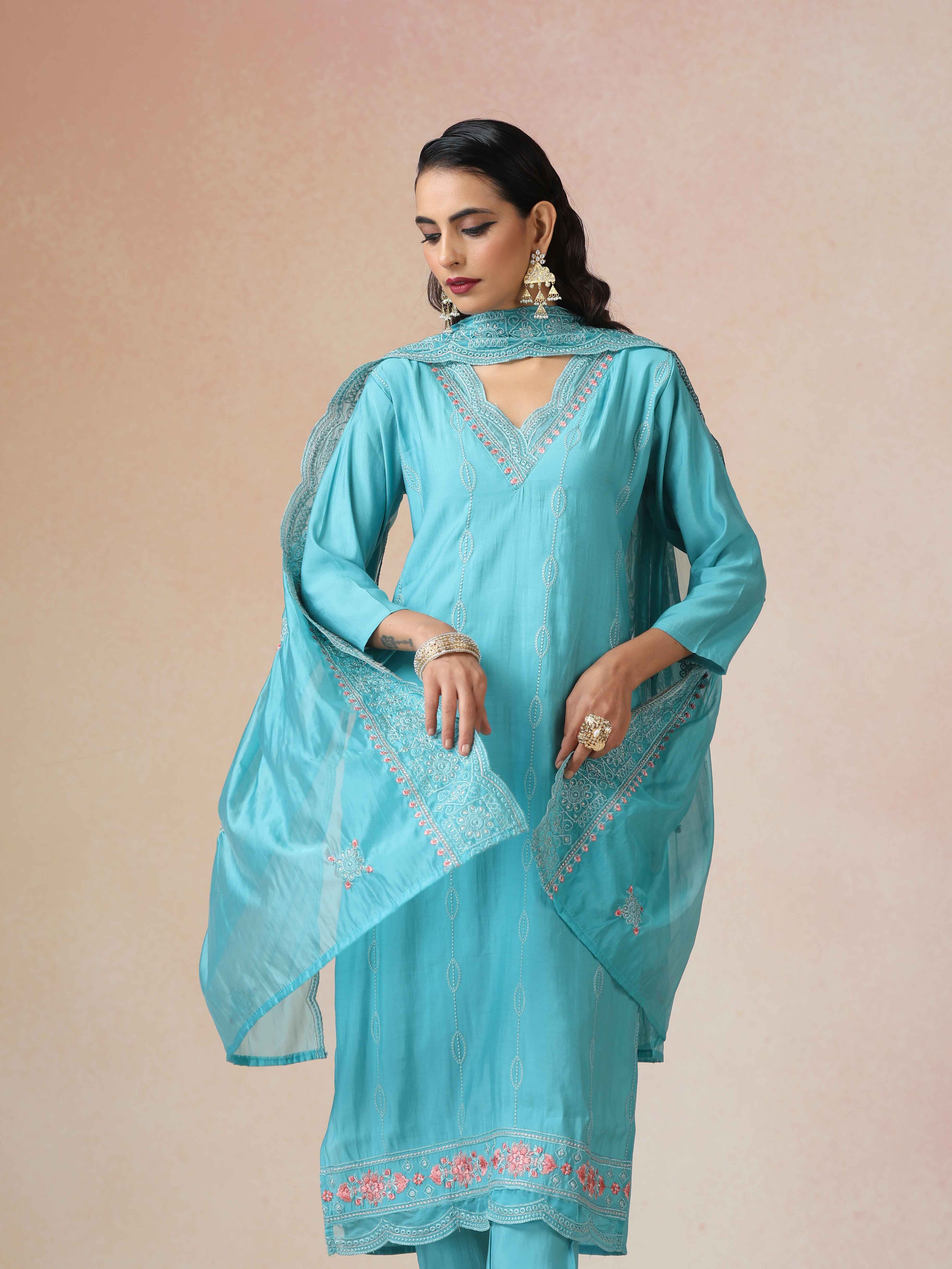 trueBrowns Blue Embroidered Kurta Pant Dupatta Set