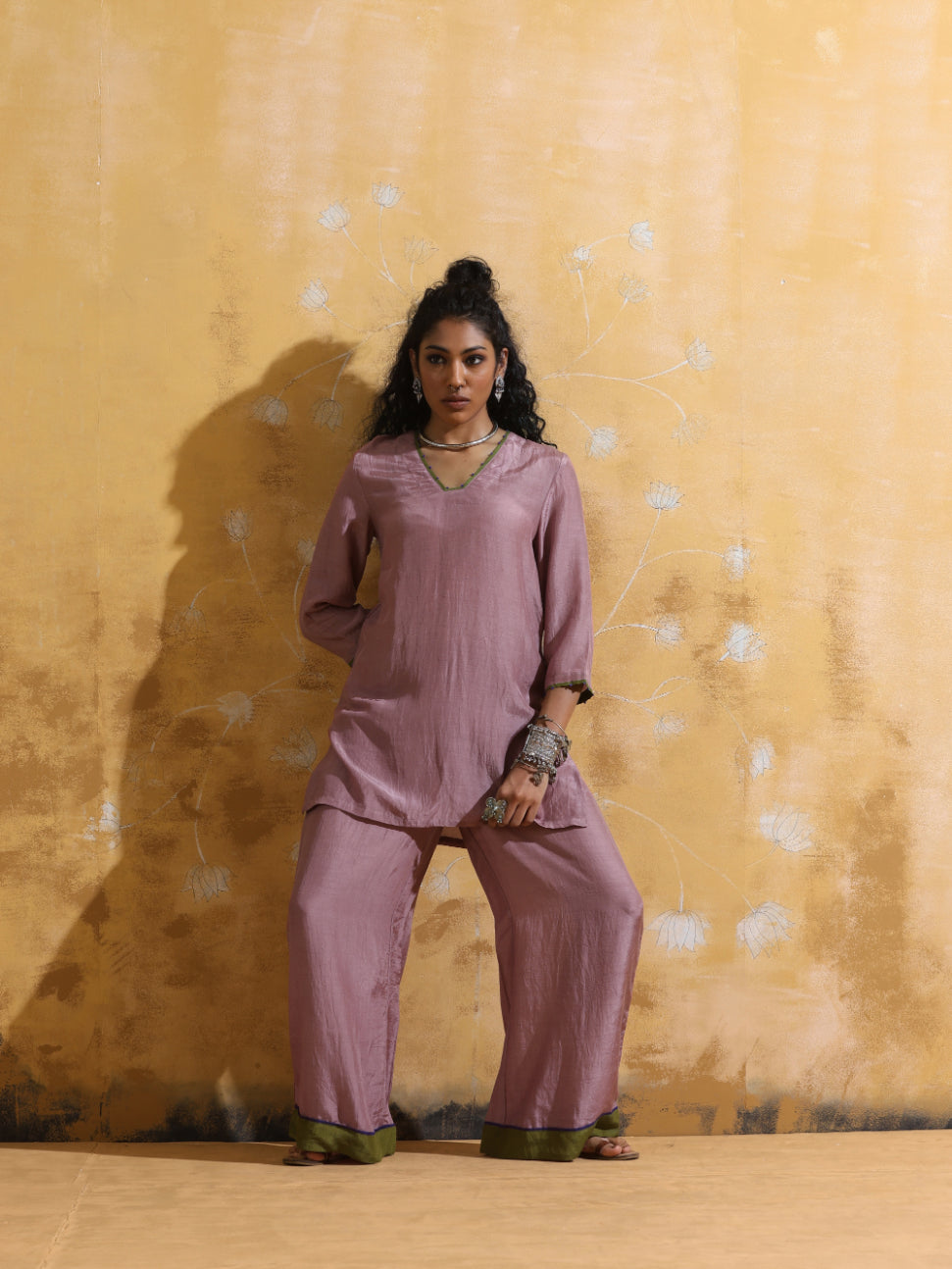 trueBrowns Lilac Muslin Silk Co-ord Set with Flared Pants