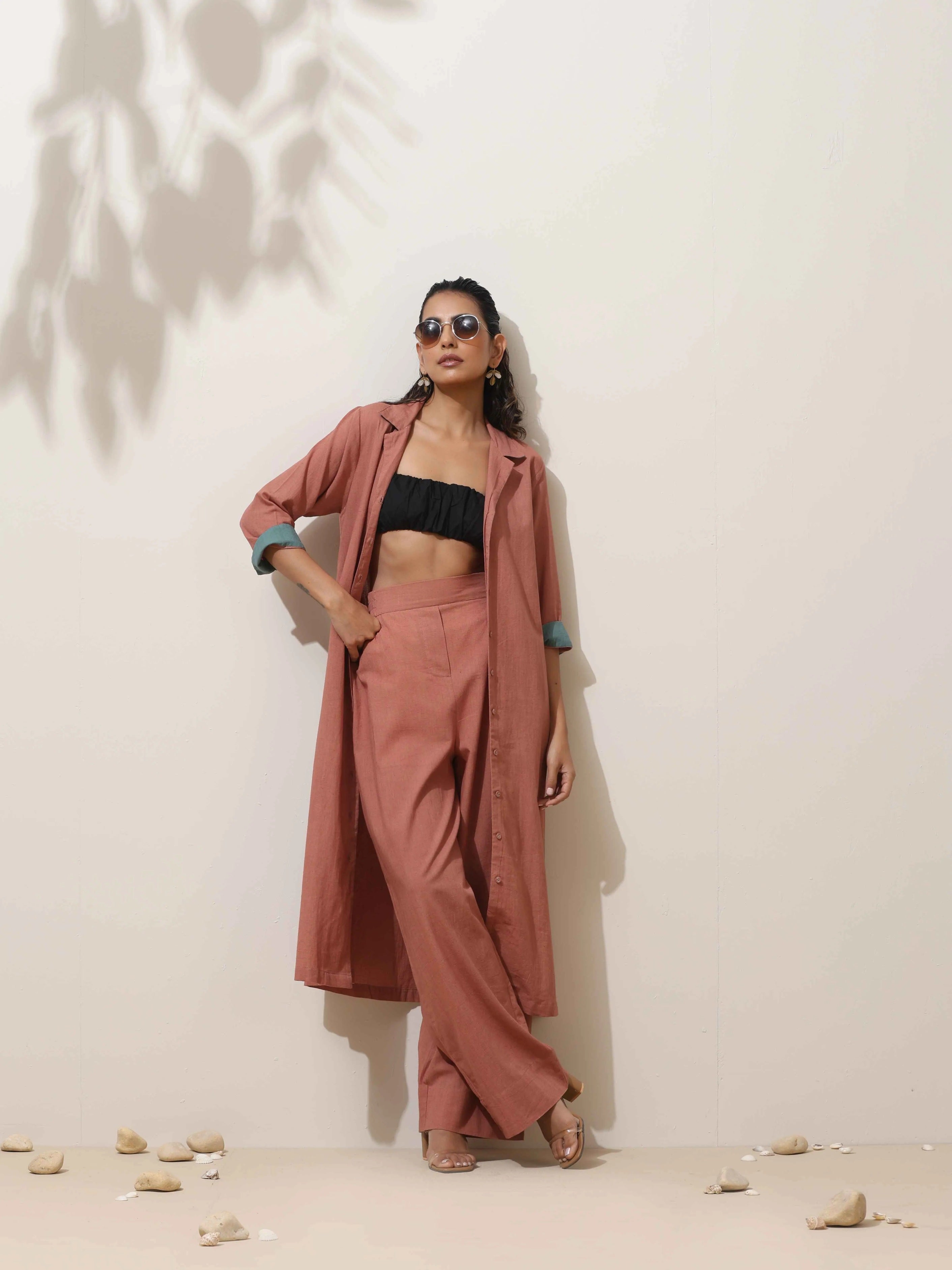 trueBrowns Peach Cotton Linen Kurta Pant Set