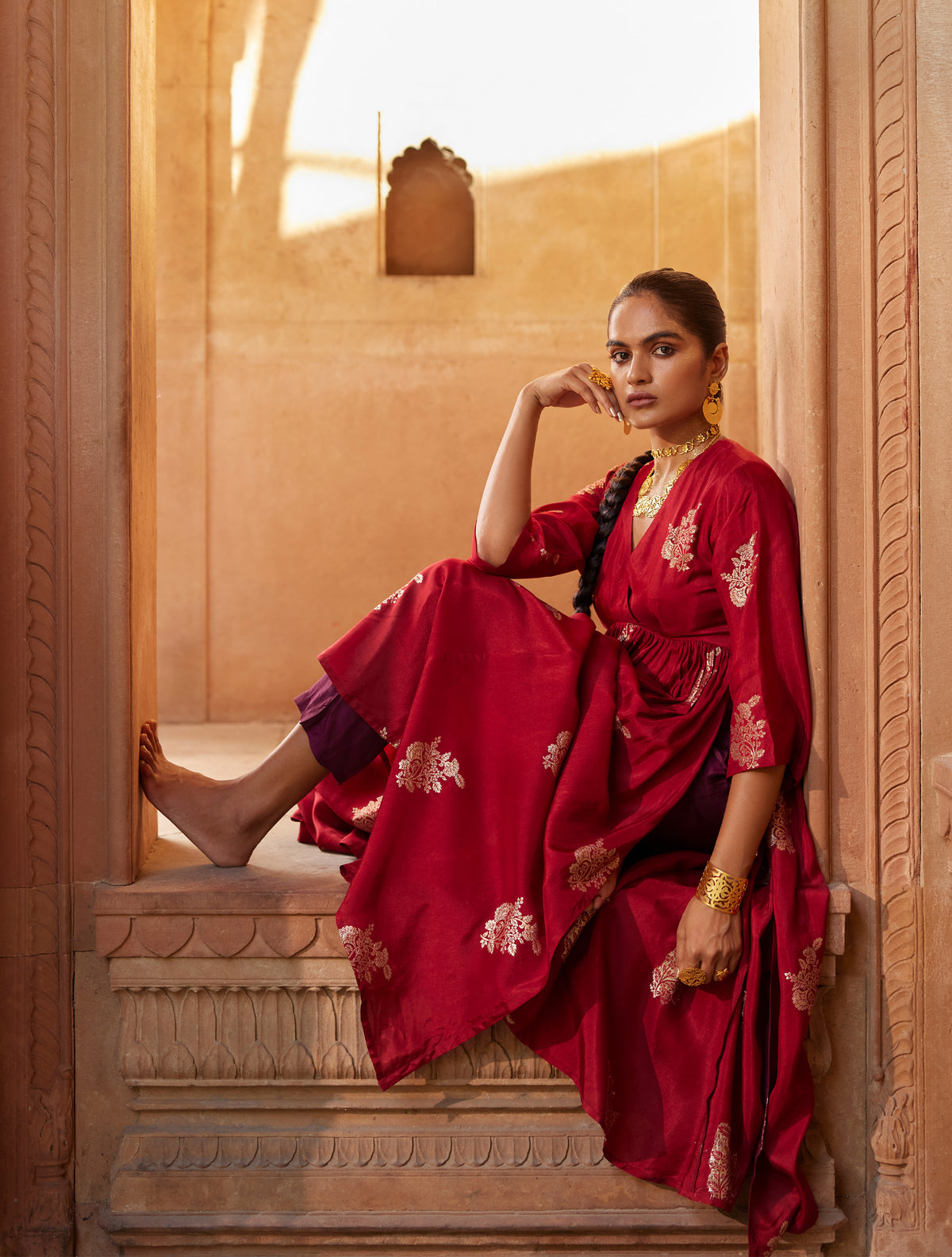 trueBrowns Maroon Floral Viscose Silk Kurta Pant Set