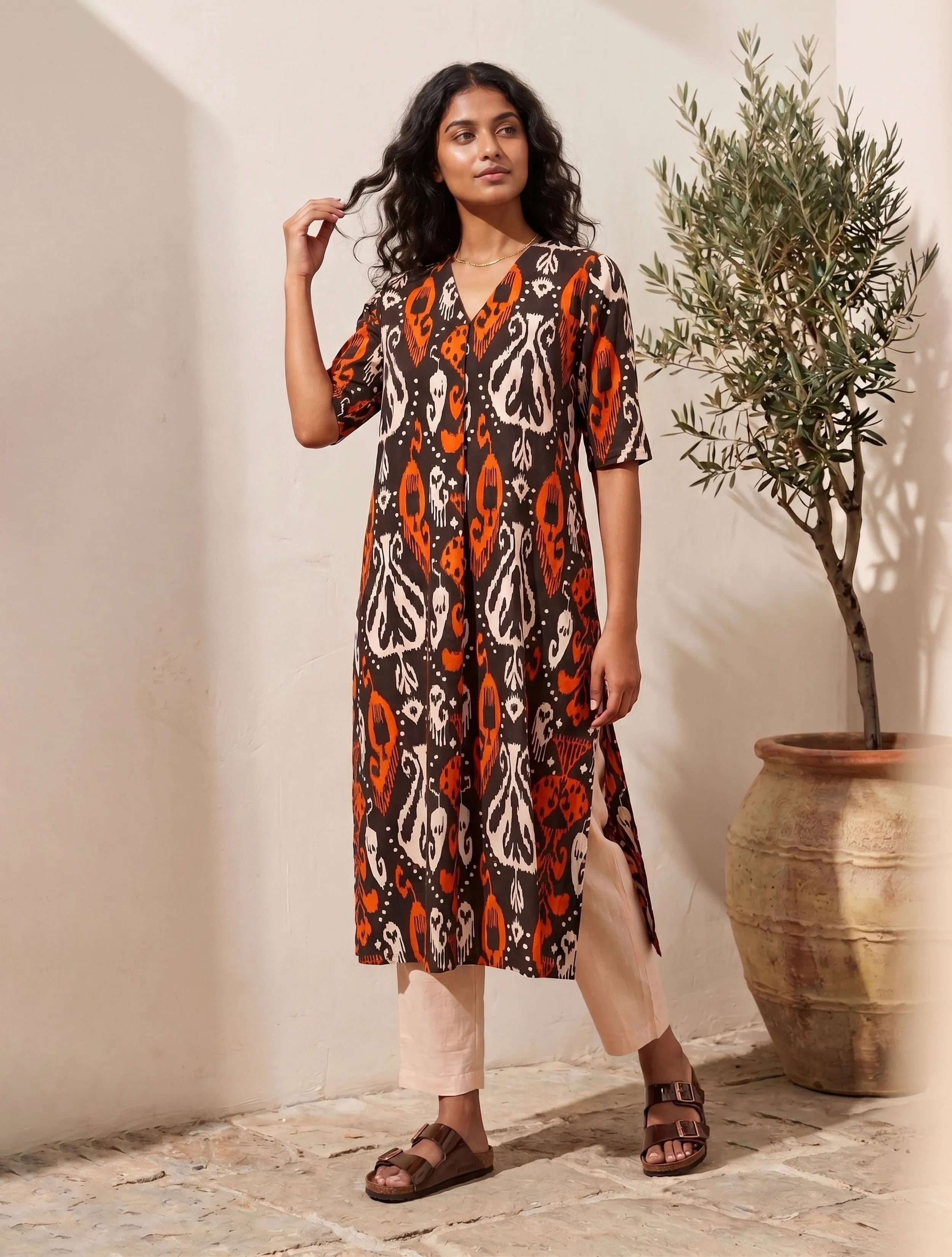 trueBrowns Cola Orange Ikat Print Cotton High-Slit Kurta Set