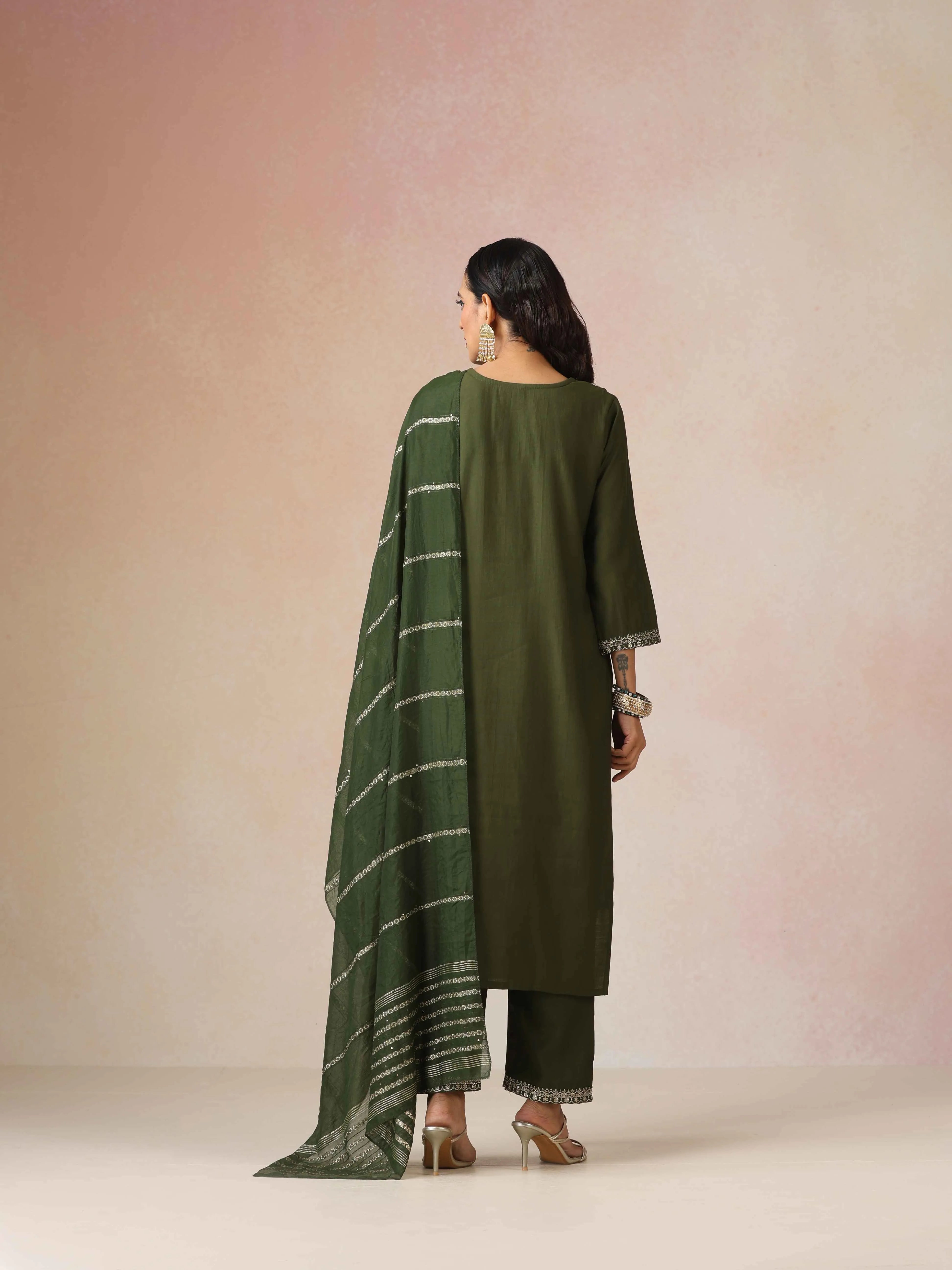 trueBrowns Green All Over Embroidered Straight Kurta 3pc Set