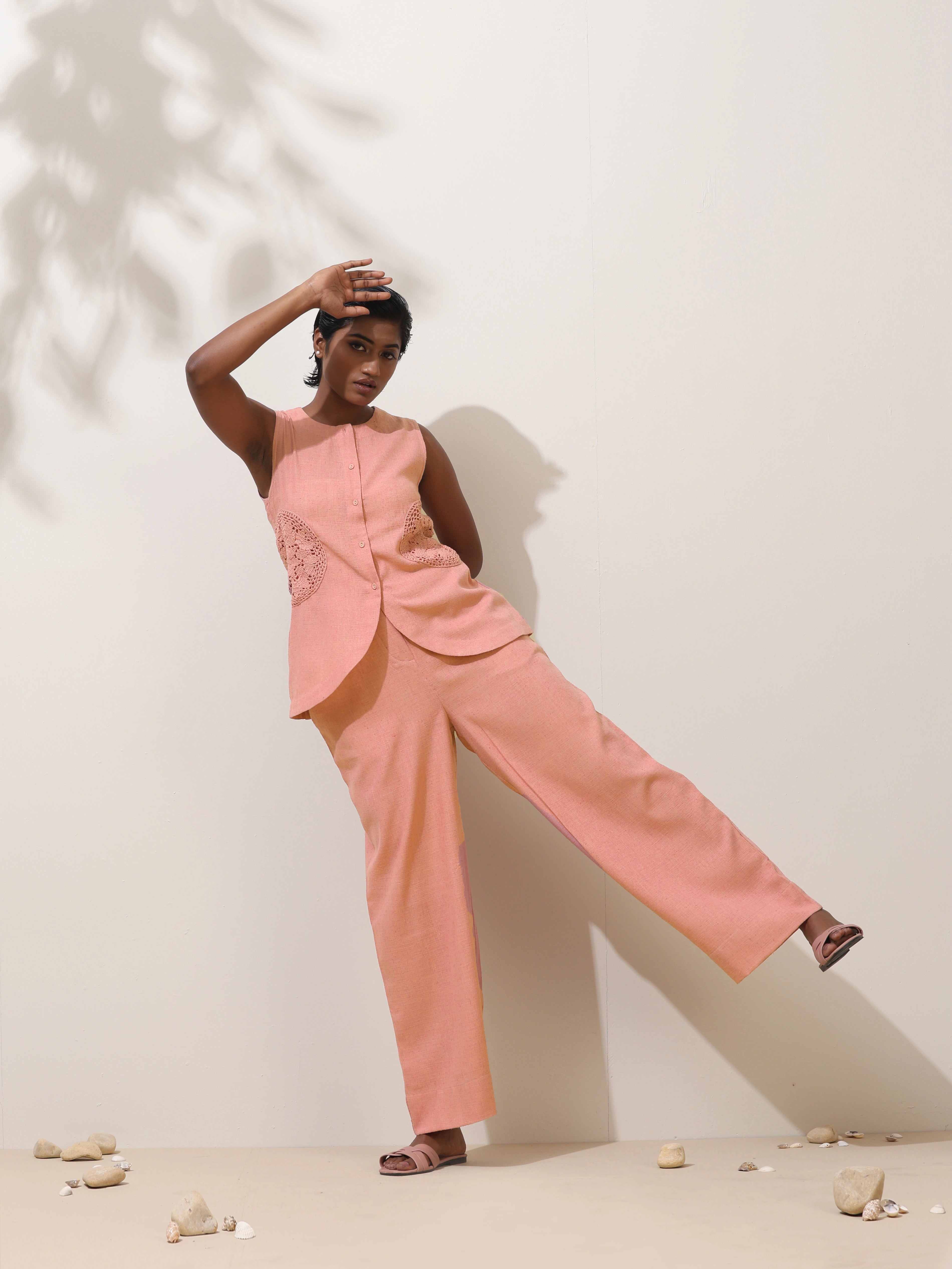 trueBrowns Camellia Pink Crochet Natural Cotton Co-ord Set