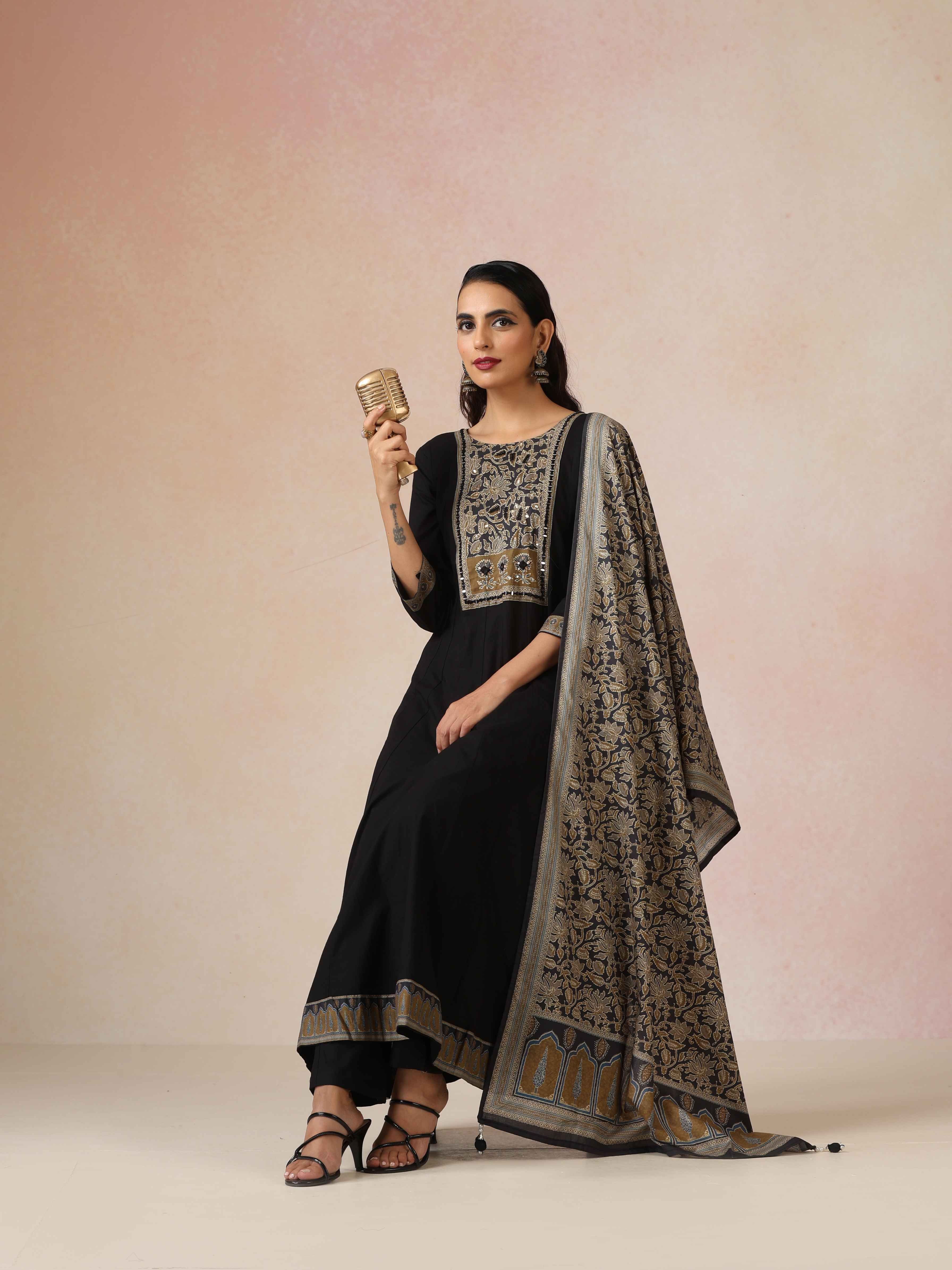 trueBrowns Black Embroidered Anarkali Pant Dupatta Set