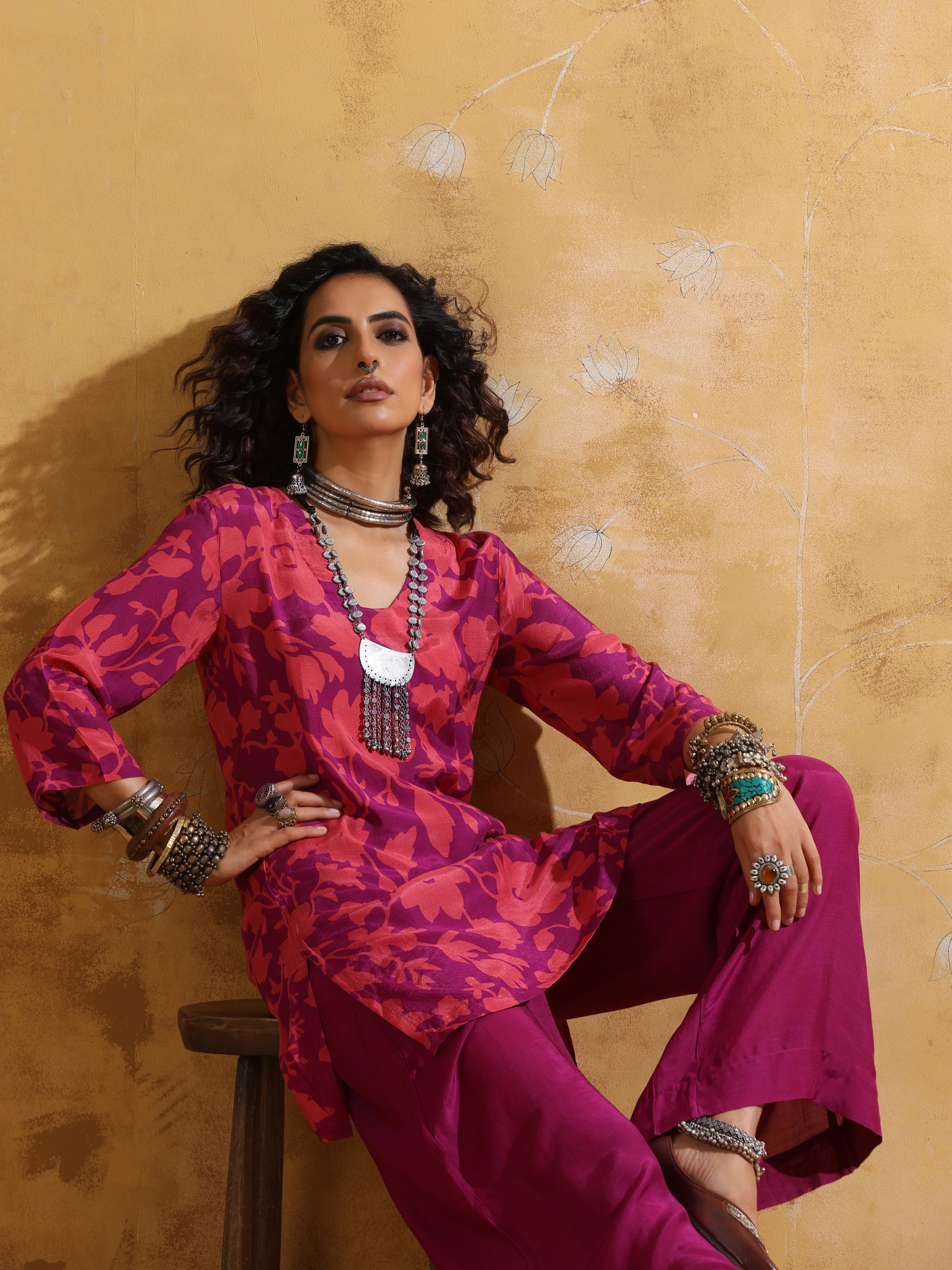 trueBrowns Purple Peach Jaal Print Muslin Silk Flared Pants Co-ord Set