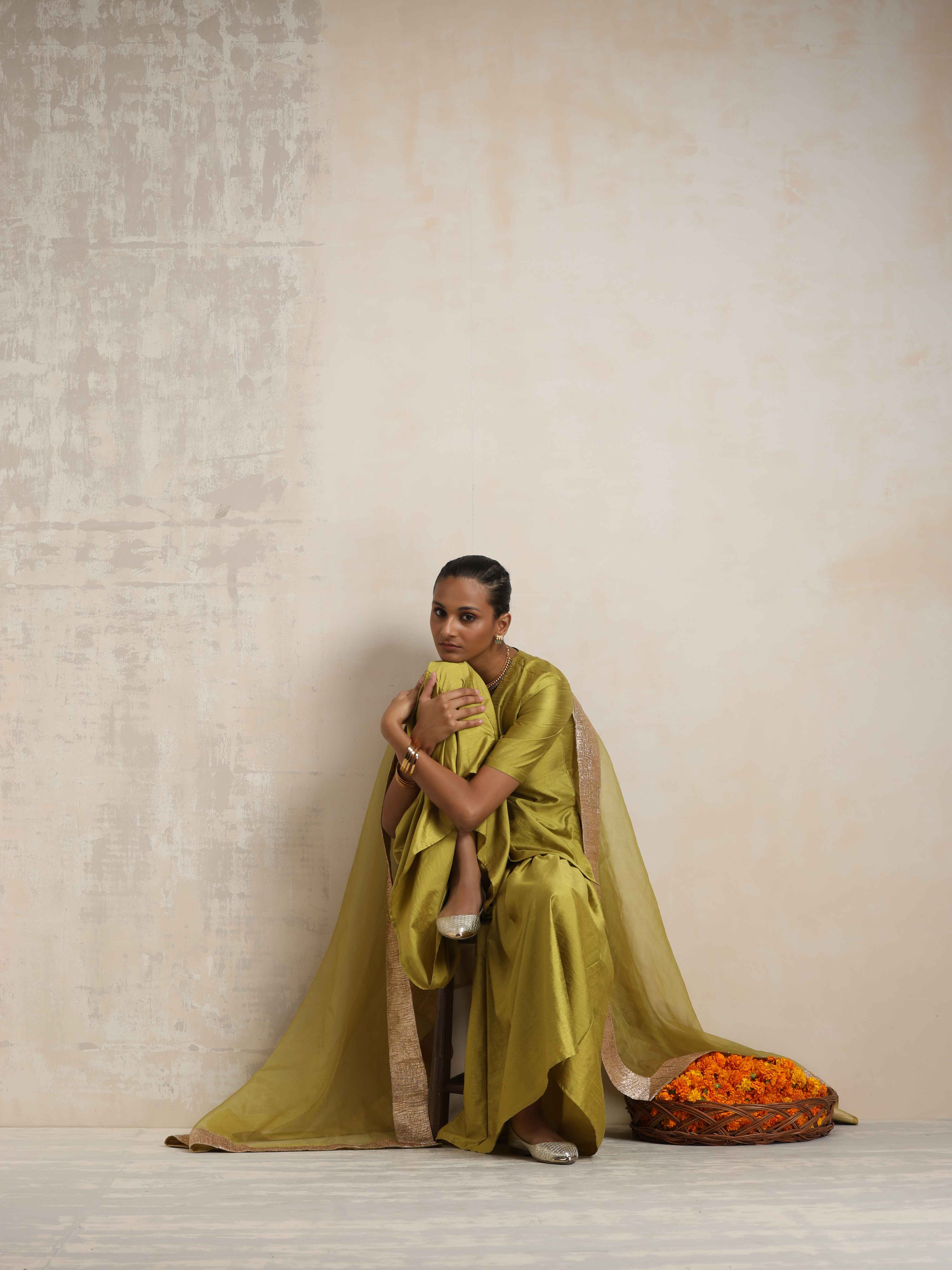 trueBrowns Green Silk Sharara Dupatta Set