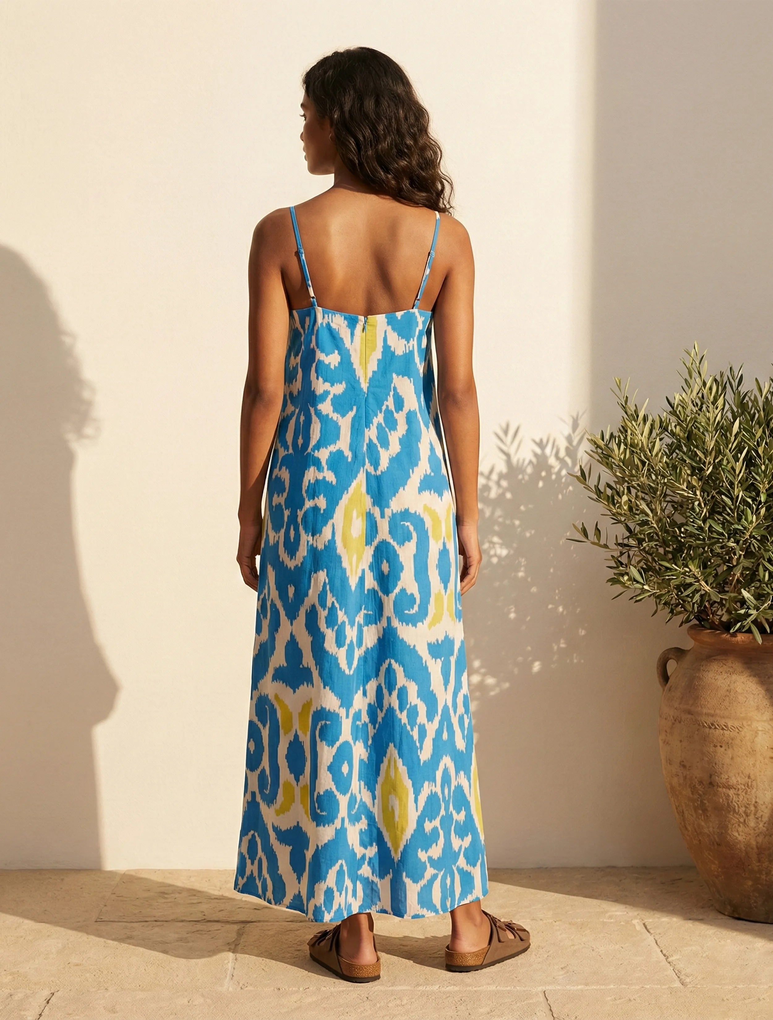 trueBrowns Blue Ikat Print Cotton Mull Strappy Maxi Dress