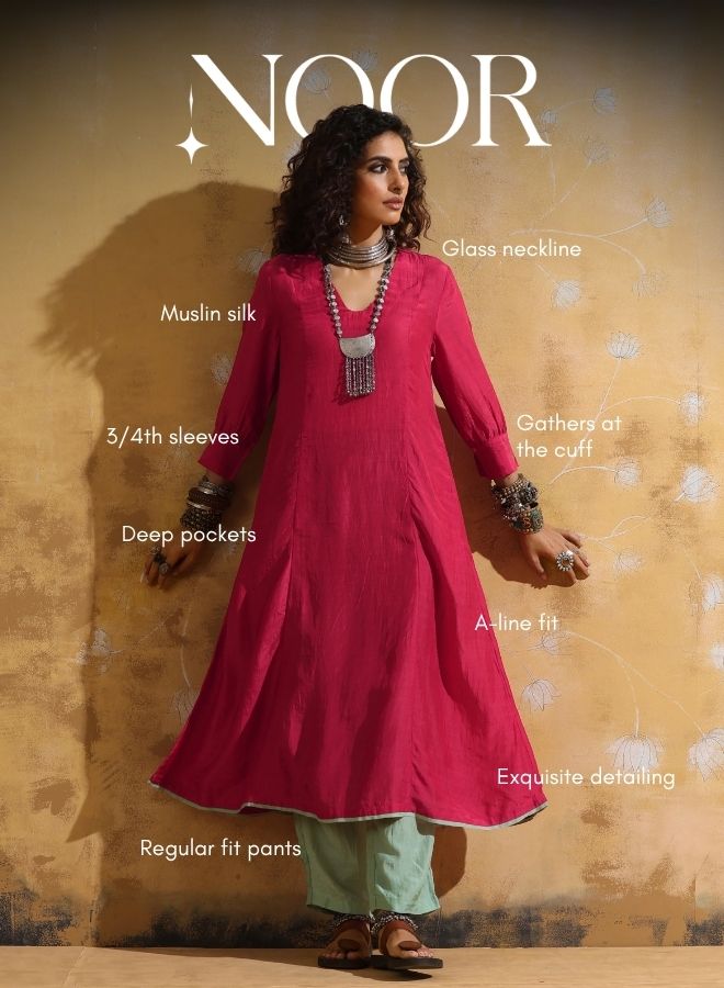 trueBrowns Pink Muslin Silk A-line Kurta Pant Set