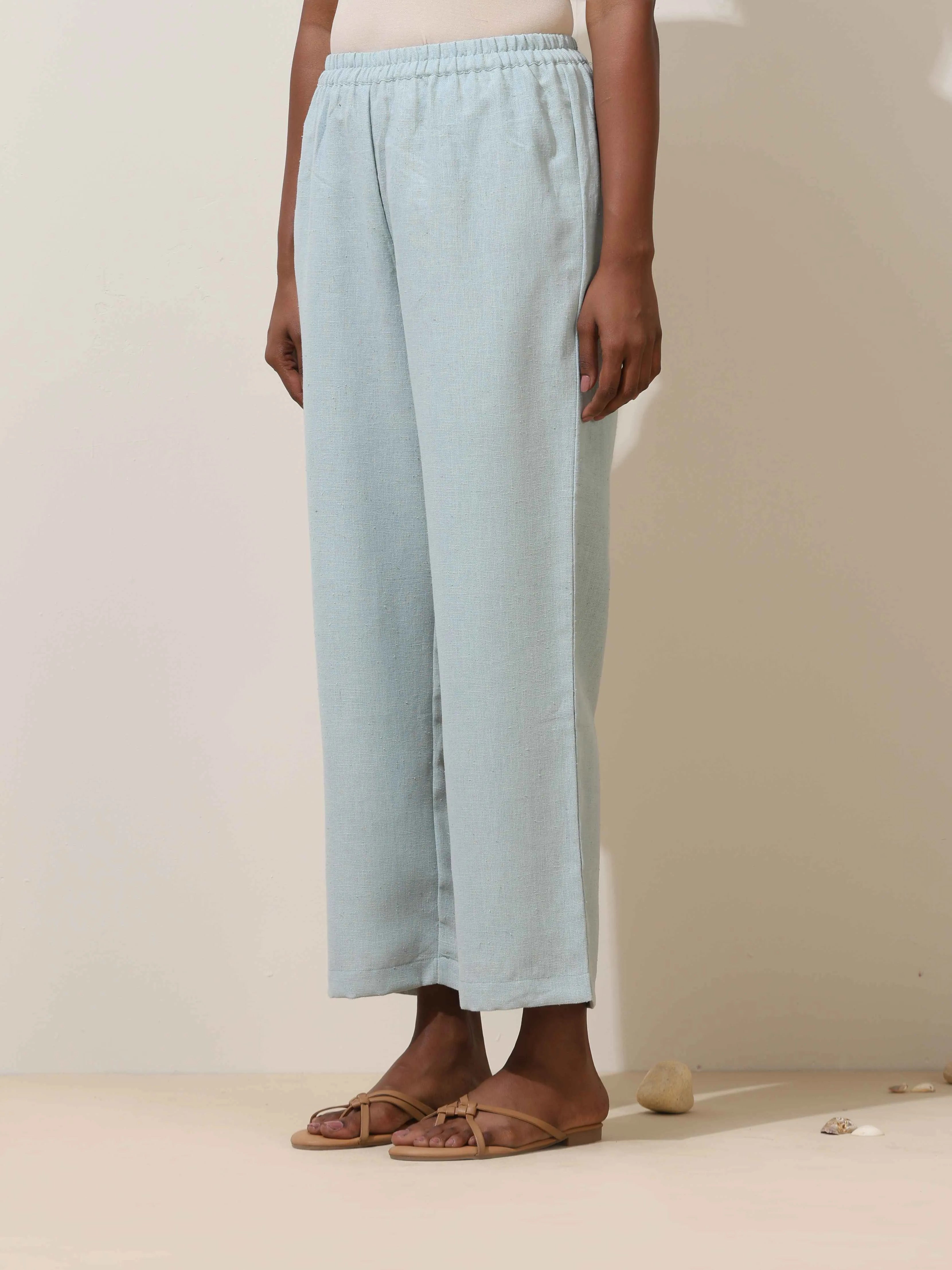 trueBrowns Ciel Blue Crochet Natural Cotton Kurta Co-ord Set