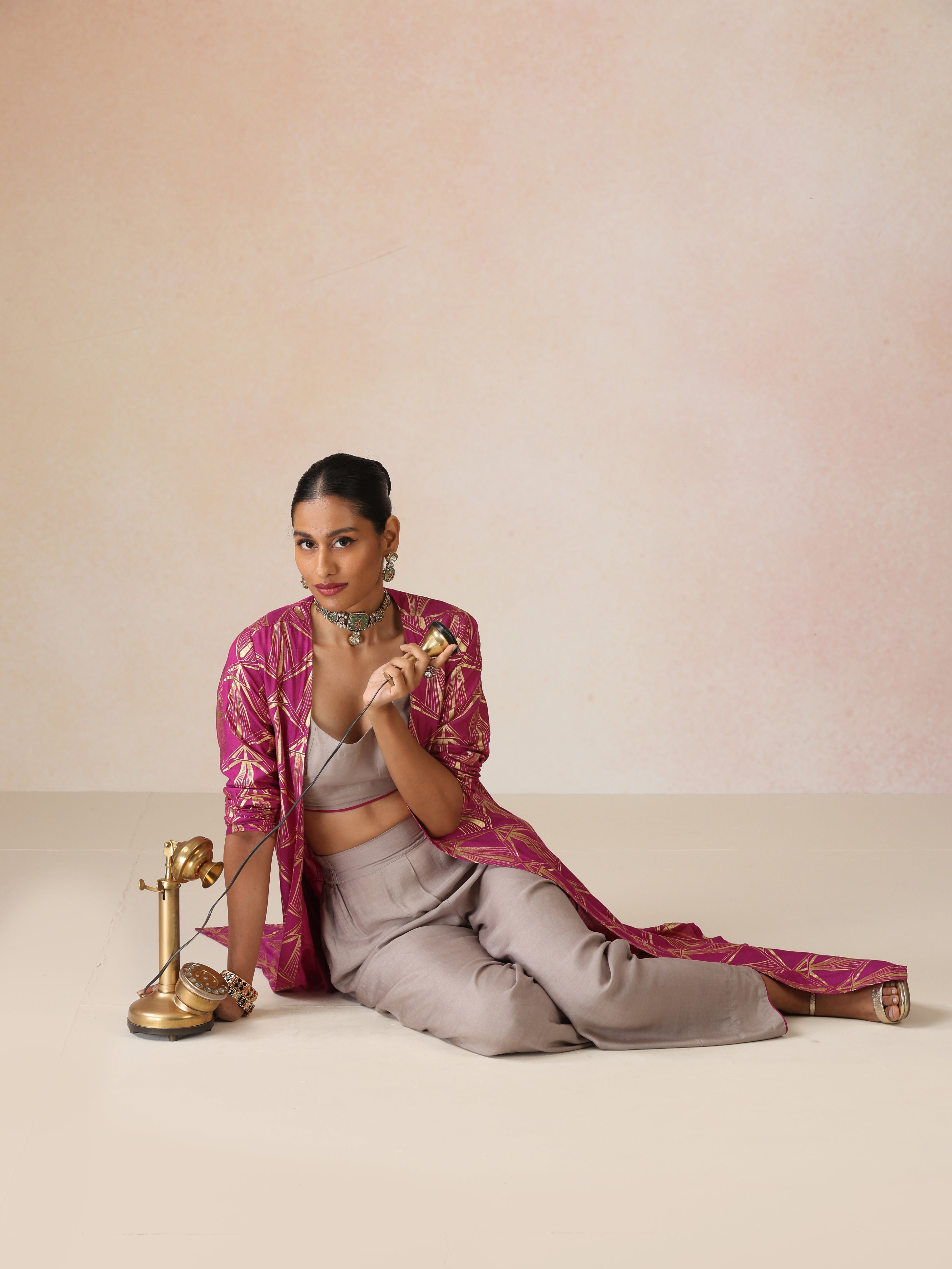 trueBrowns Grey and Pink Gold Foil Print Muslin Silk Jacket Set