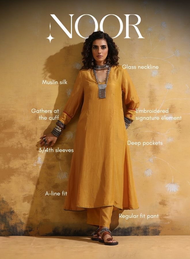 trueBrowns Mustard Muslin Silk A-line Kurta Pant Set