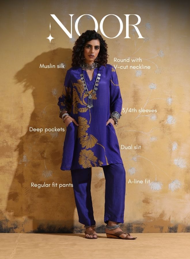 trueBrowns Purple Mustard Floral Print Muslin Silk A-line Kurta Co-ord Set