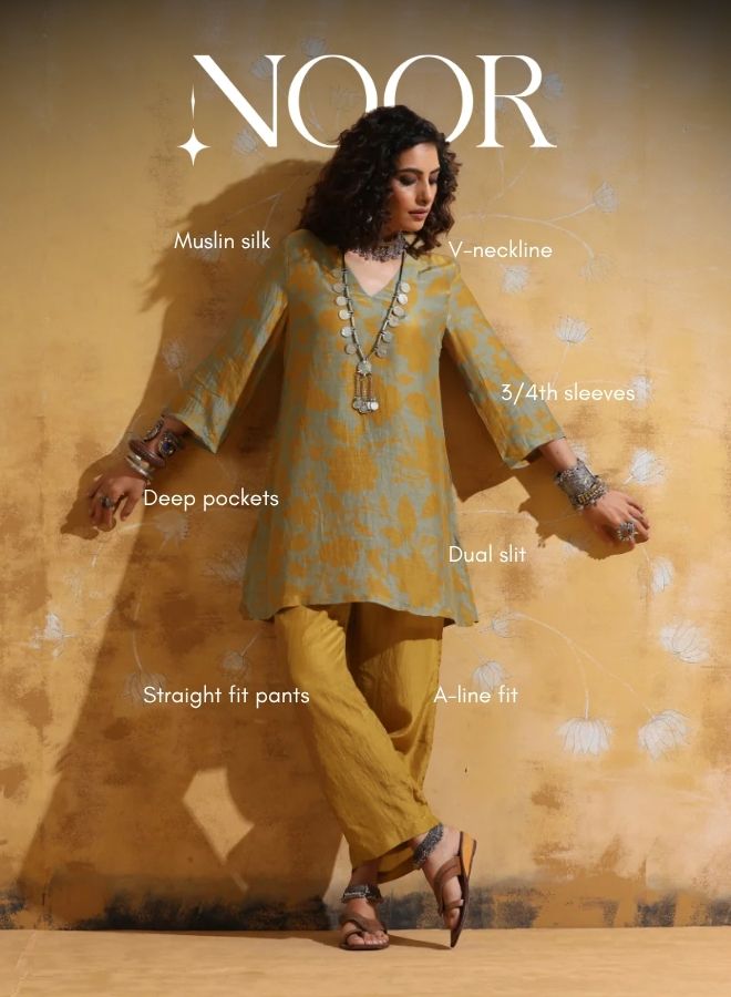 trueBrowns Mint Mustard Jaal Print Muslin Silk Co-ord Set