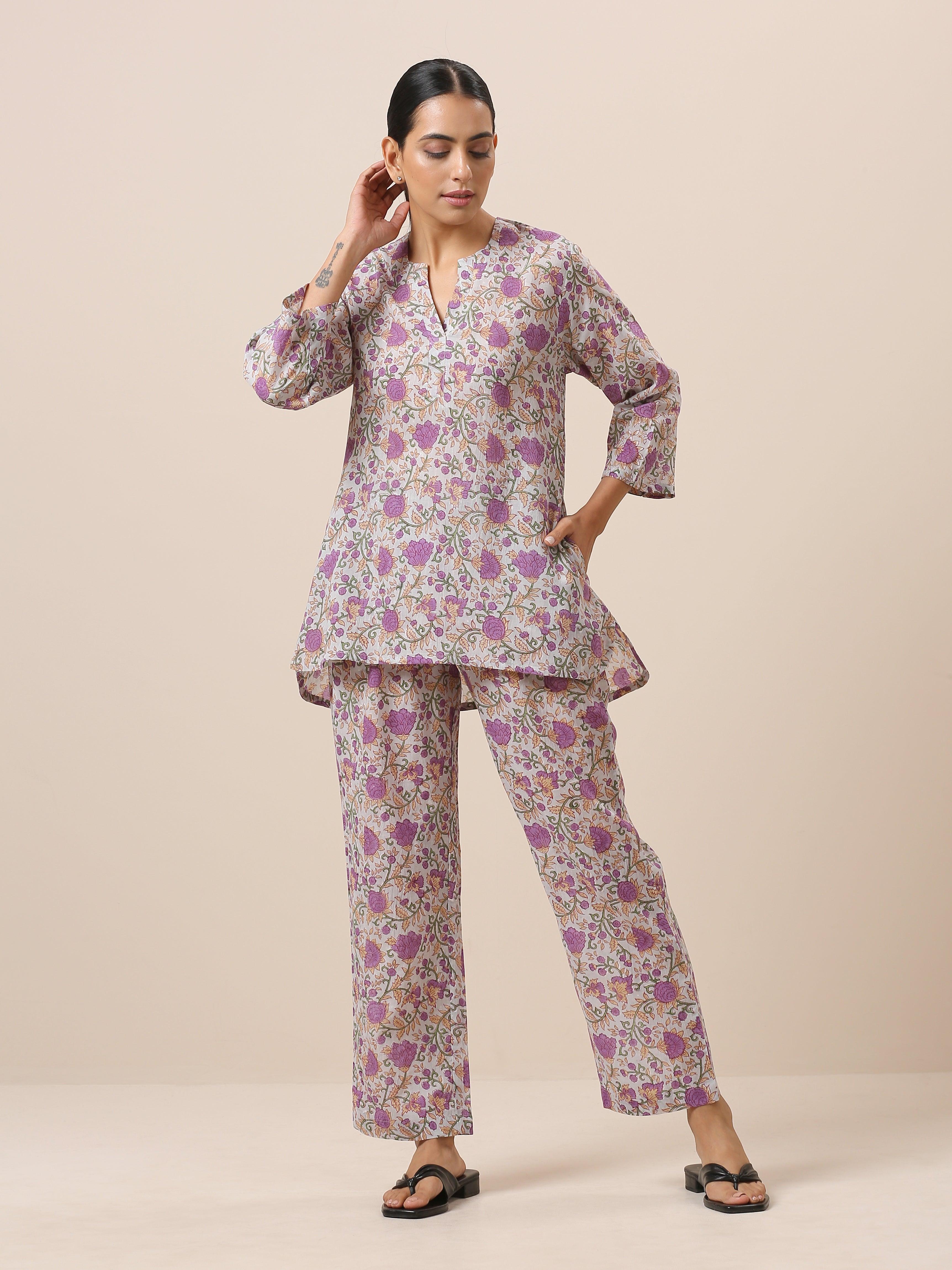 Cotton Hand Block Printed Purple Co-Ord Set - trueBrowns