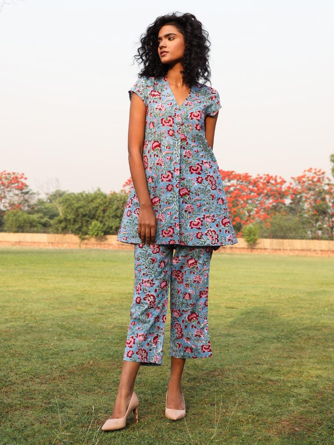 Baby Blue Cotton Block Print Front Slit Co-Ord Set - trueBrowns