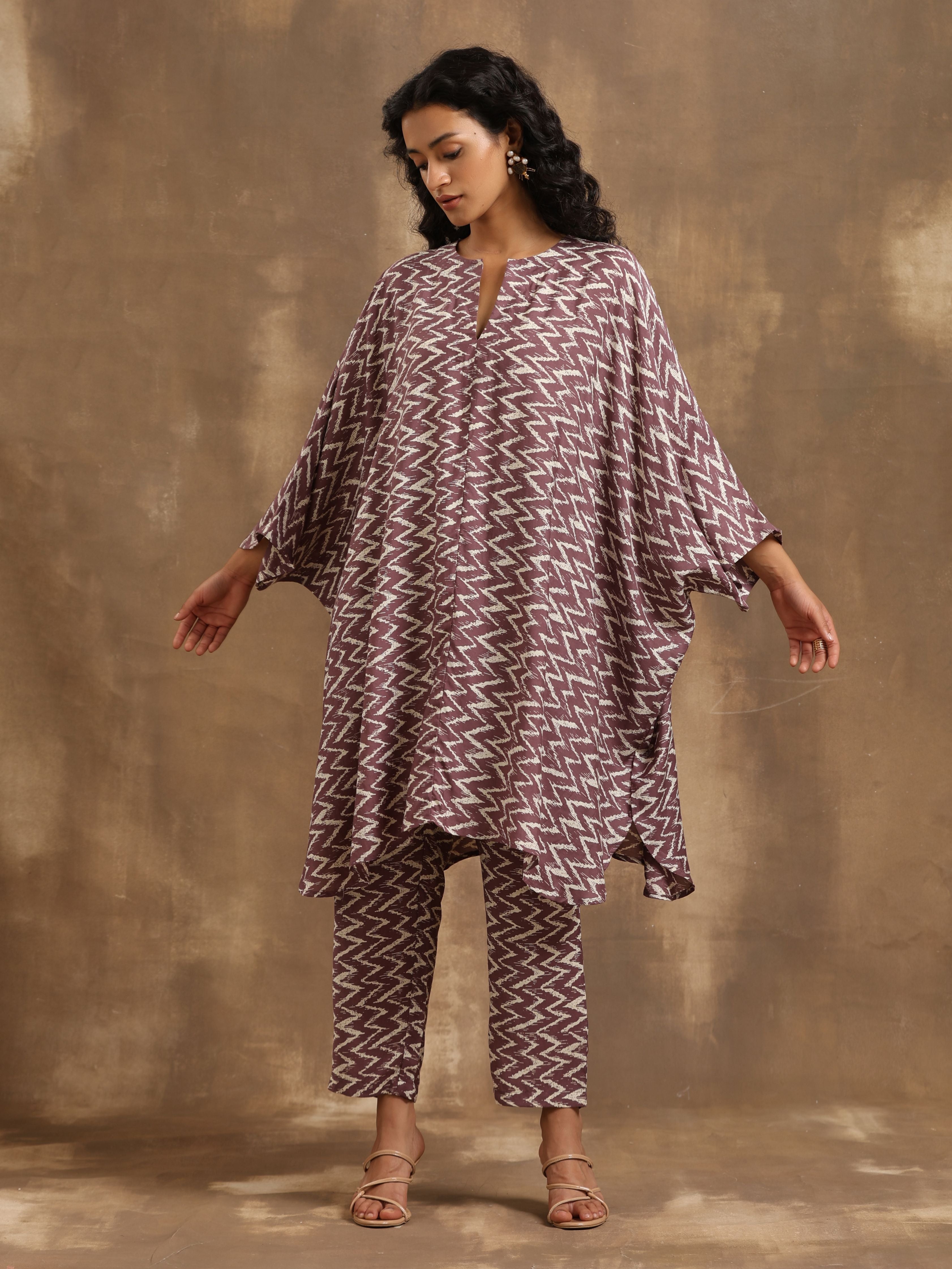Dark Mauve Zig Zag Printed Silk Kaftan Co-Ord Set