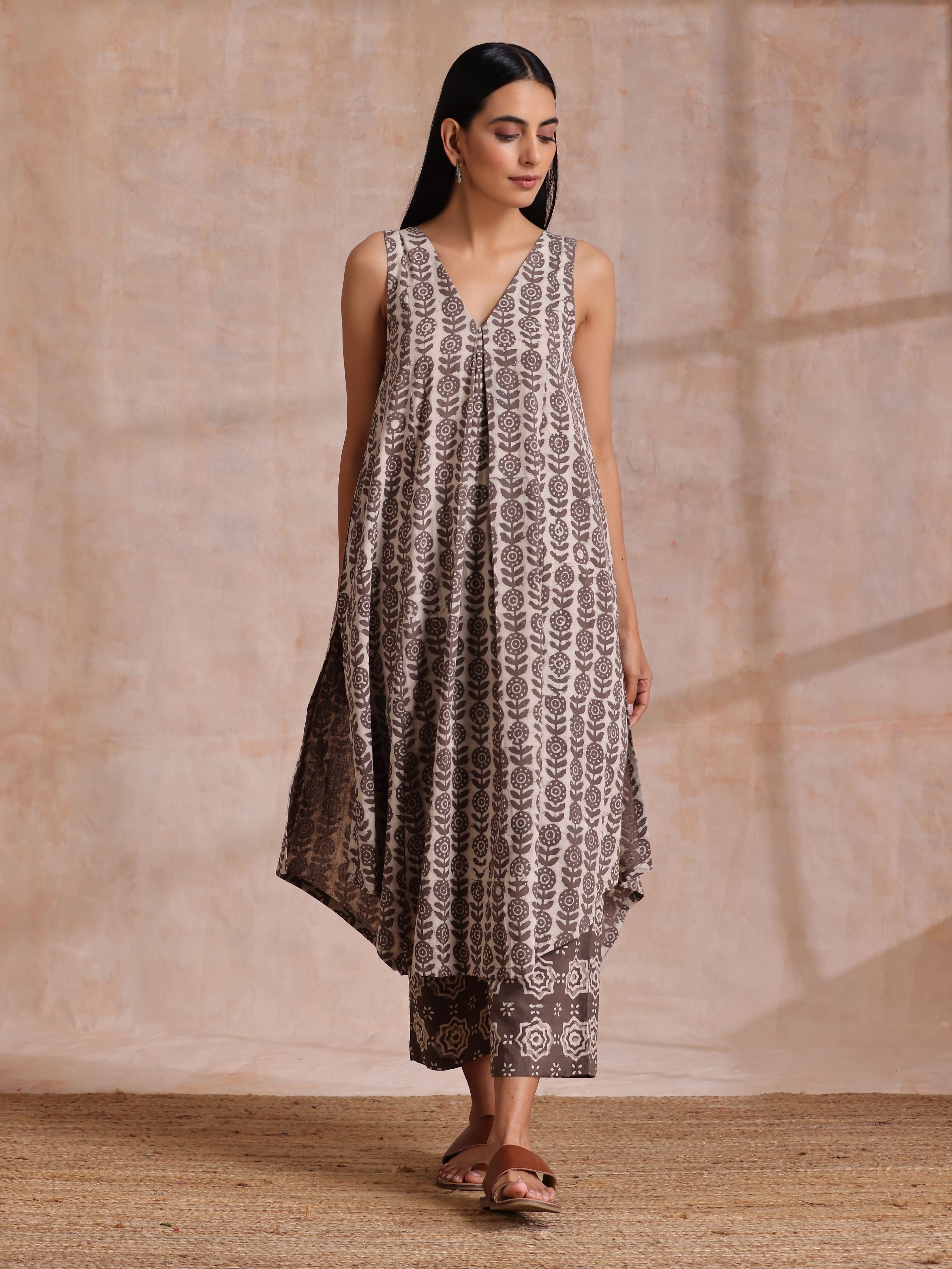 Clay Dabu Buta Print Cotton Sleeveless Flared Kurta Pant Set